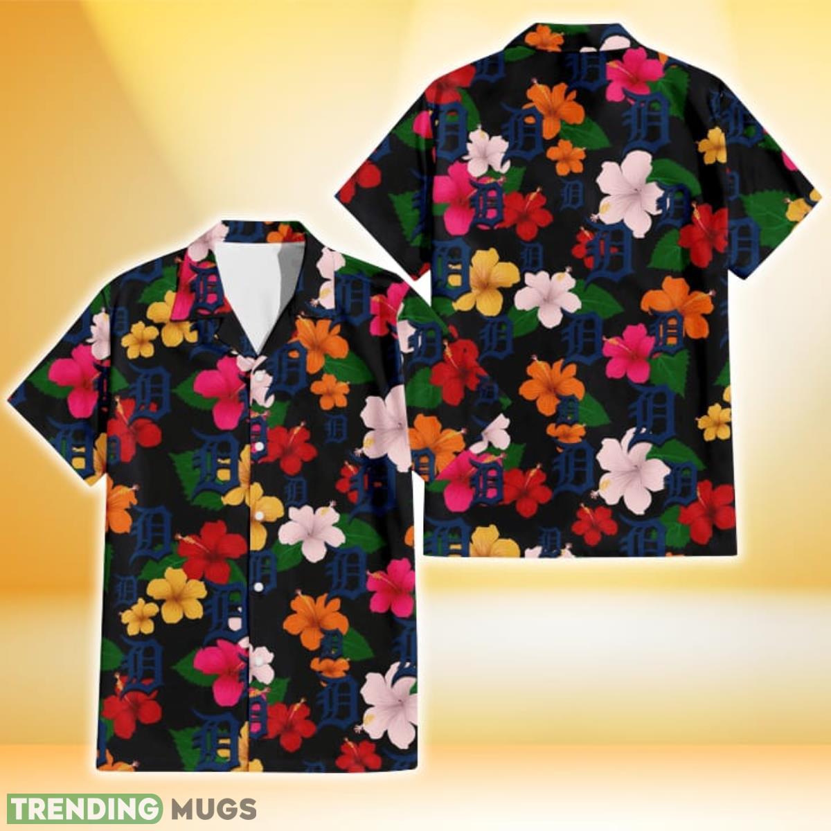 Detroit Tigers Pink Orange Yellow White Hibiscus Black Background 3D Hawaiian Shirt Gift For Fans Product Photo 1