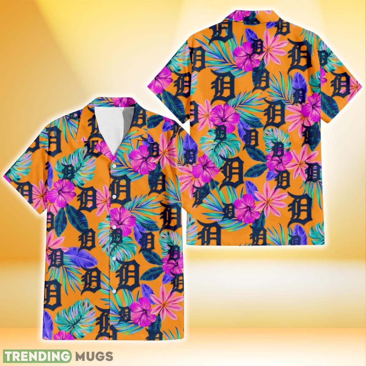 Detroit Tigers Purple Hibiscus Neon Leaf Orange Background 3D Hawaiian Shirt Gift For Fans Product Photo 1