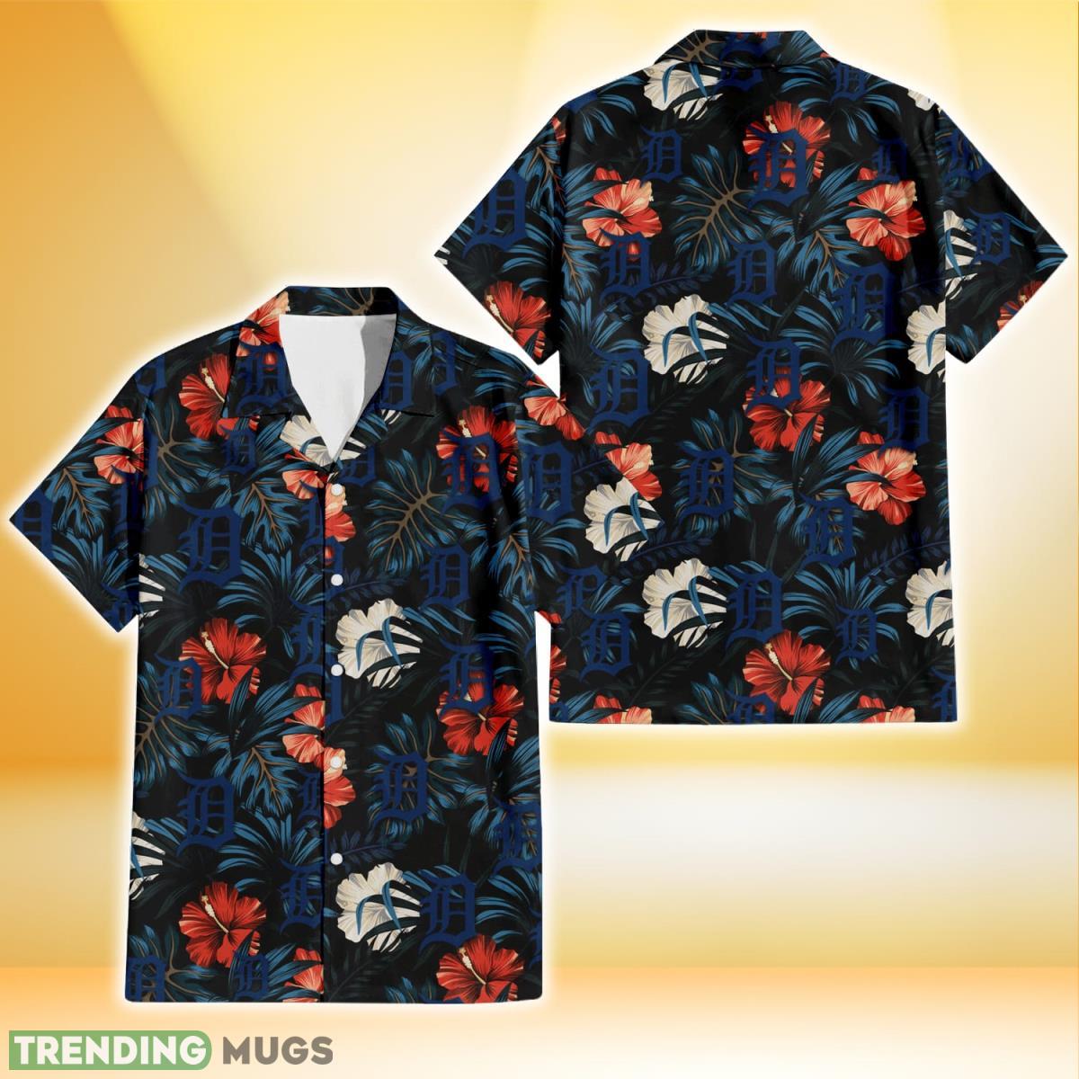 Detroit Tigers Red And White Hibiscus Dark Leaf Black Background 3D Hawaiian Shirt Gift For Fans Product Photo 1