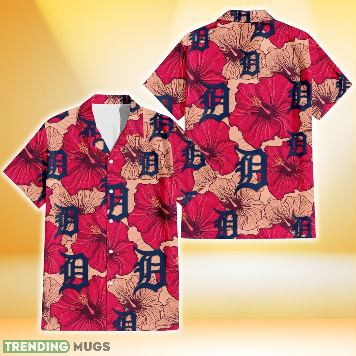 Detroit Tigers Red Beige Hibiscus Beige Background 3D Hawaiian Shirt Gift For Fans Product Photo 1