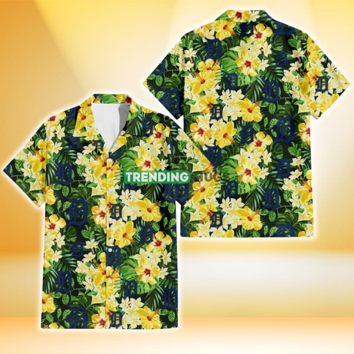Detroit Tigers Yellow Hibiscus Tropical Green Leaf Black Background 3D Hawaiian Shirt Gift For Fans Product Photo 1