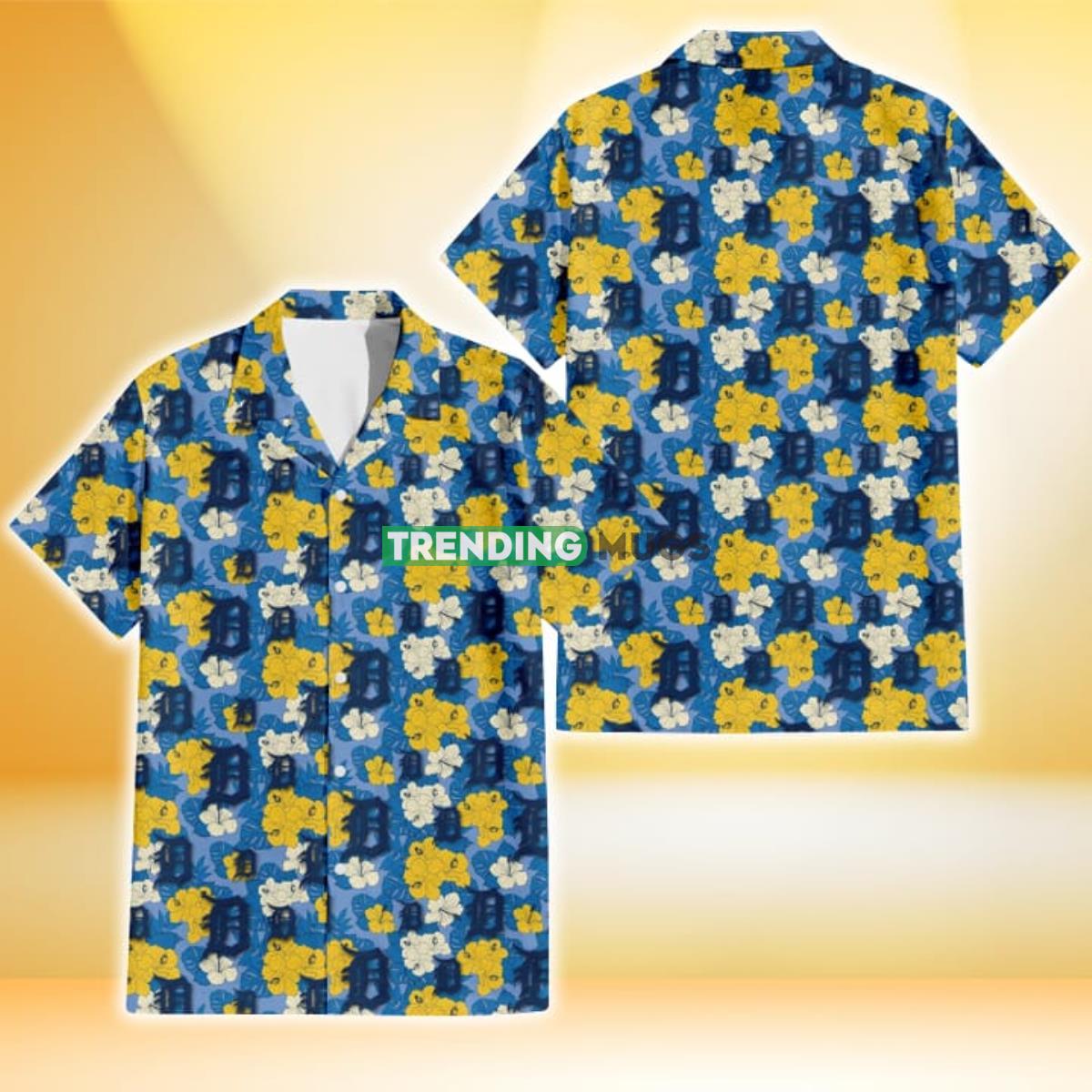 Detroit Tigers Yellow White Hibiscus Powder Blue Background 3D Hawaiian Shirt Gift For Fans Product Photo 1