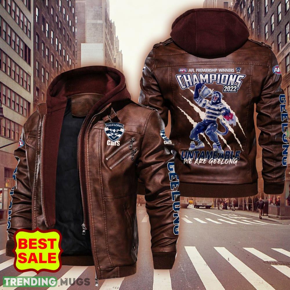Geelong Football Club Cats Design 6 Teams Logo Brown And Black Leather Jacket 2D Leather Jacket Geelong Football Club Cats Design 6 Teams Logo Brown And Black Leather Jacket 2D Leather Jacket