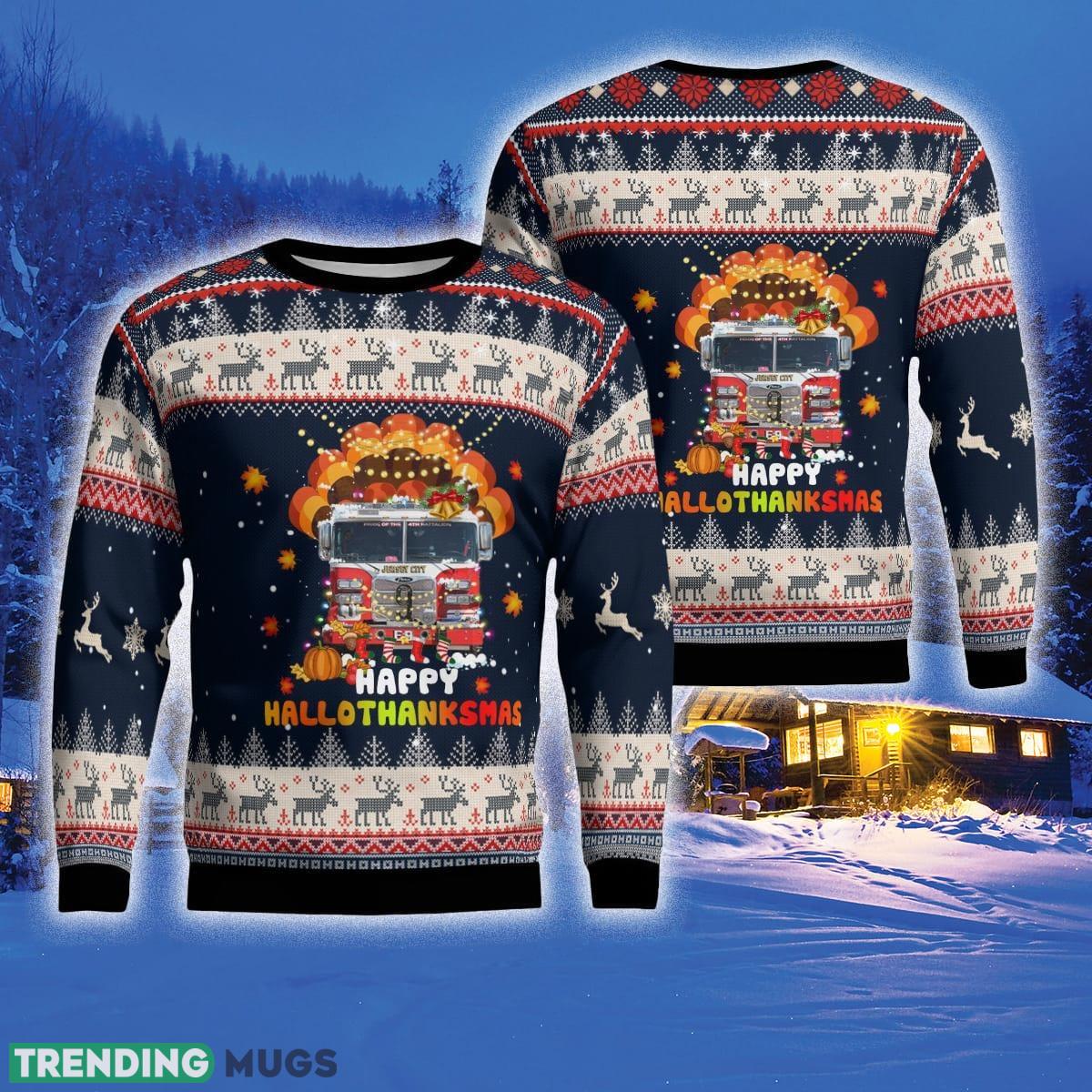 Jersey City Fire Department Happy Hallothanksmas 3D Sweater For Men And Women Gift For Christmas - Jersey City Fire Department Happy Hallothanksmas Christmas Ugly Sweater_1 Jersey City Fire Department Happy Hallothanksmas 3D Sweater For Men And Women Gift For Christmas - Jersey City Fire Department Happy Hallothanksmas Christmas Ugly Sweater_1