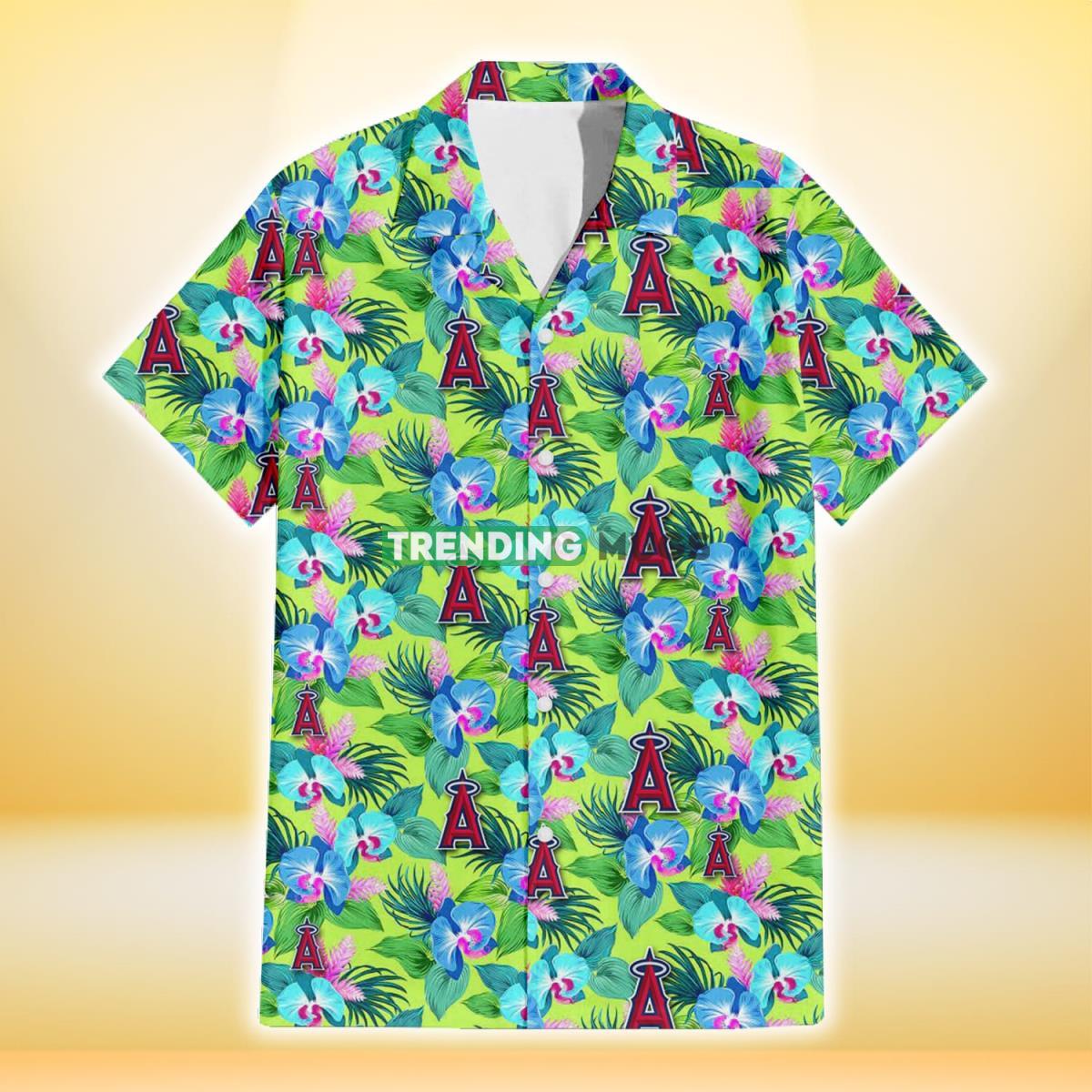 Los Angeles Angels Blue Orchid Green Pink Leaf Green Background 3D Hawaiian Shirt Hawaiian Shirt Los Angeles Angels Blue Orchid Green Pink Leaf Green Background 3D Hawaiian Shirt Hawaiian Shirt