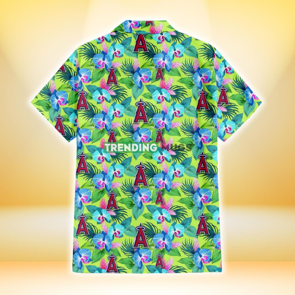 Los Angeles Angels Blue Orchid Green Pink Leaf Green Background 3D Hawaiian Shirt Hawaiian Shirt Los Angeles Angels Blue Orchid Green Pink Leaf Green Background 3D Hawaiian Shirt Hawaiian Shirt