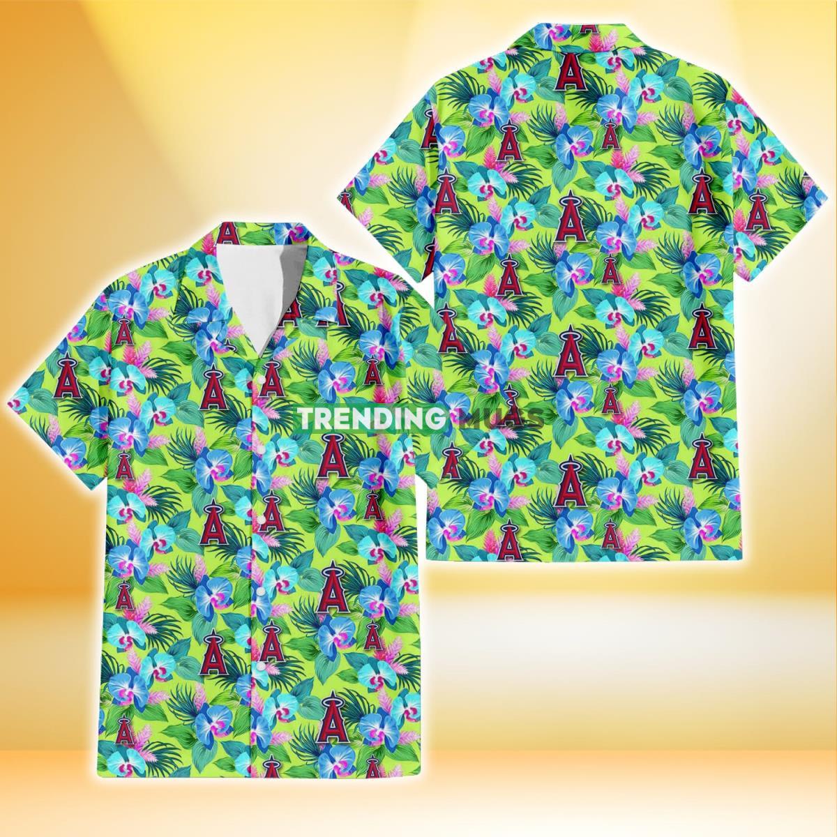Los Angeles Angels Blue Orchid Green Pink Leaf Green Background 3D Hawaiian Shirt Product Photo 1