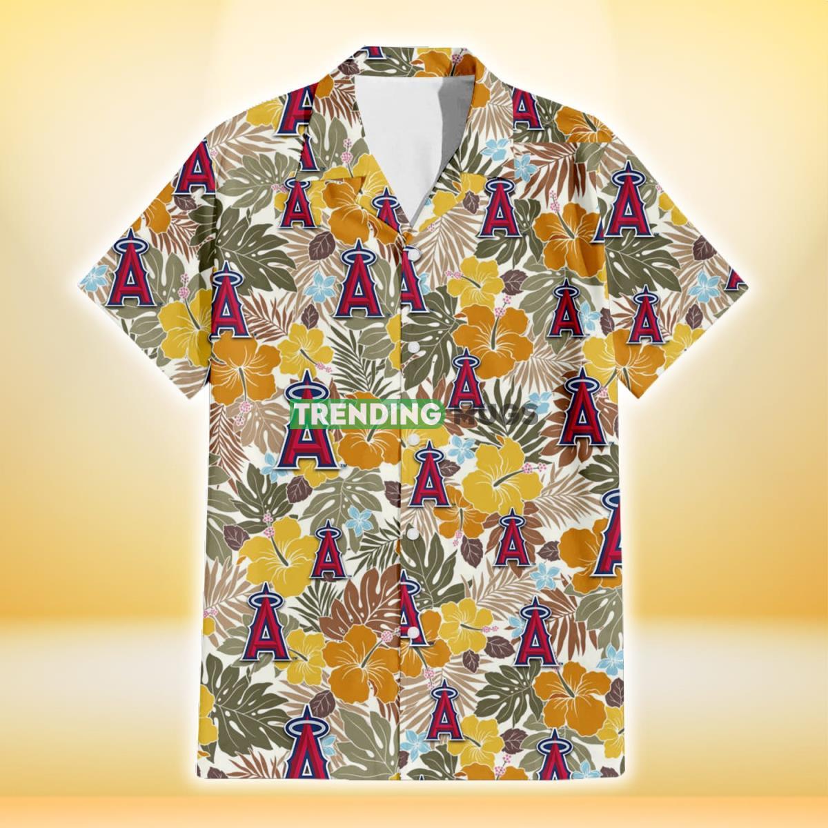Los Angeles Angels Brown Yellow Hibiscus White Background 3D Hawaiian Shirt Hawaiian Shirt Los Angeles Angels Brown Yellow Hibiscus White Background 3D Hawaiian Shirt Hawaiian Shirt