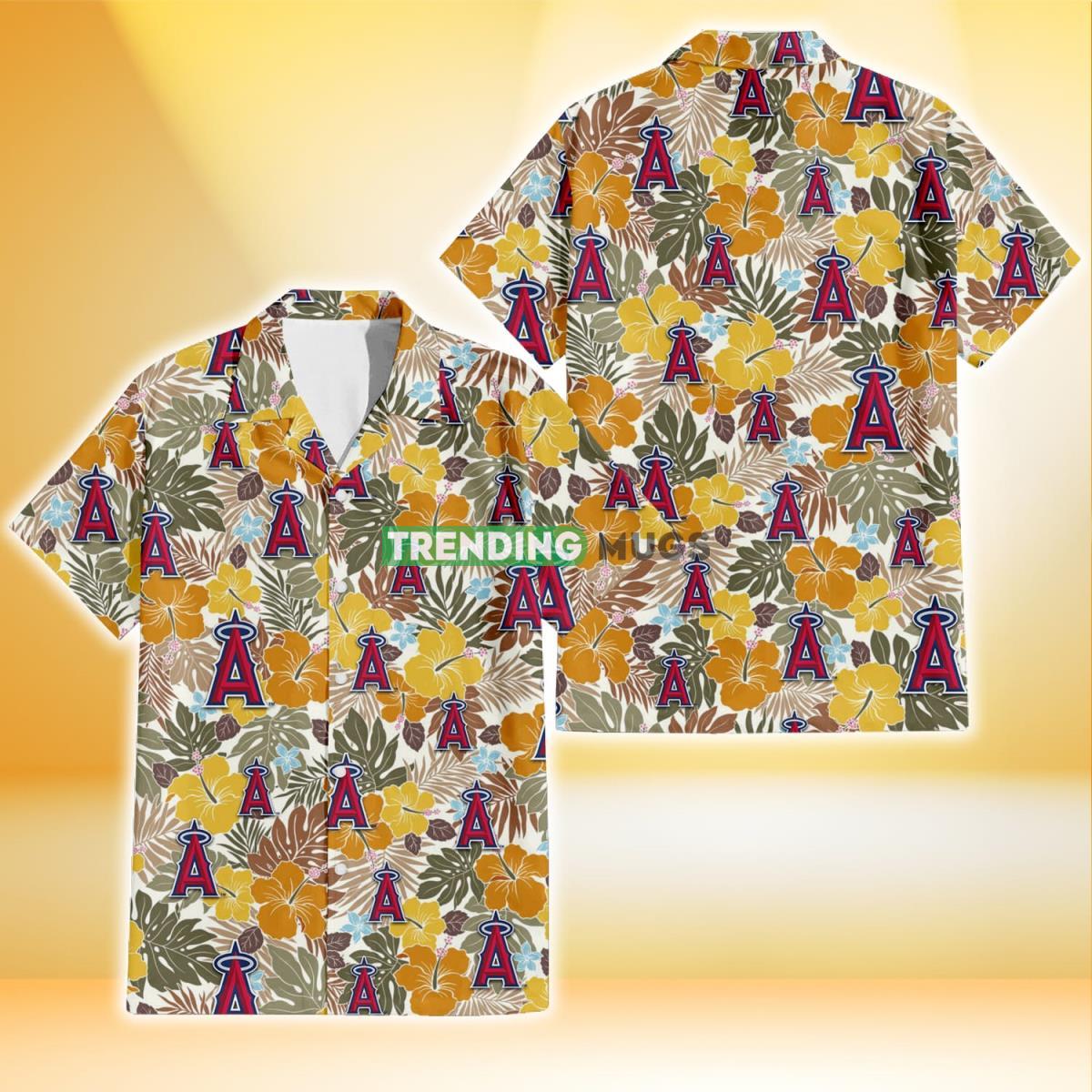 Los Angeles Angels Brown Yellow Hibiscus White Background 3D Hawaiian Shirt Product Photo 1