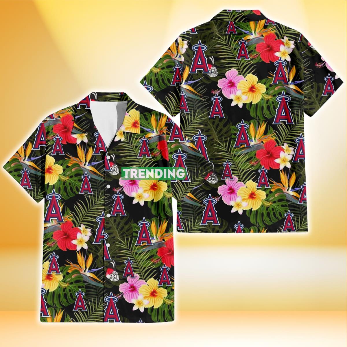 Los Angeles Angels Colorful Hibiscus Green Leaf Back Background 3D Hawaiian Shirt Product Photo 1