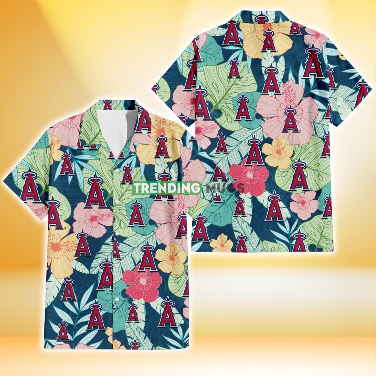 Los Angeles Angels Colorful Sketch Hibiscus Dark Green Background 3D Hawaiian Shirt Product Photo 1