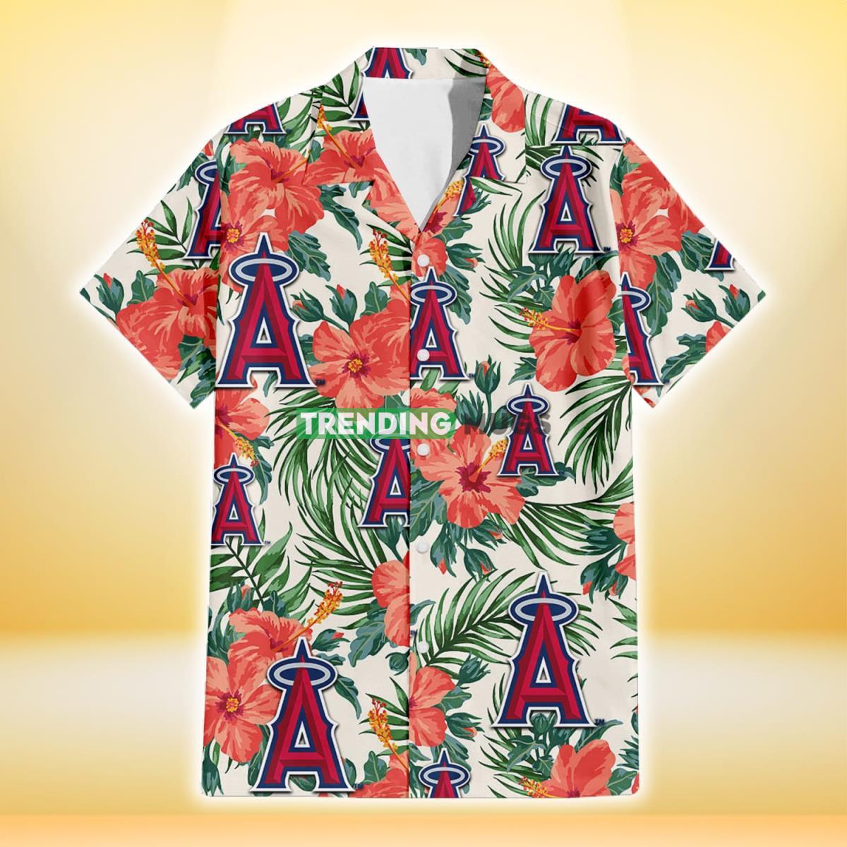 Los Angeles Angels Coral Hibiscus Green Leaf Beige Background 3D Hawaiian Shirt Hawaiian Shirt Los Angeles Angels Coral Hibiscus Green Leaf Beige Background 3D Hawaiian Shirt Hawaiian Shirt