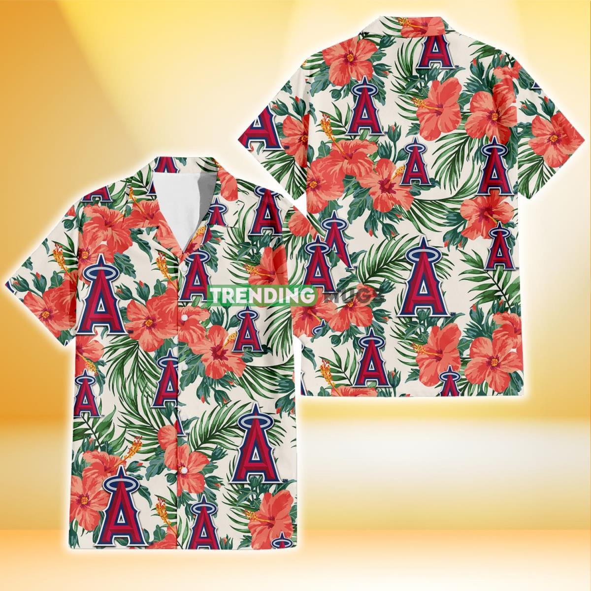 Los Angeles Angels Coral Hibiscus Green Leaf Beige Background 3D Hawaiian Shirt Product Photo 1