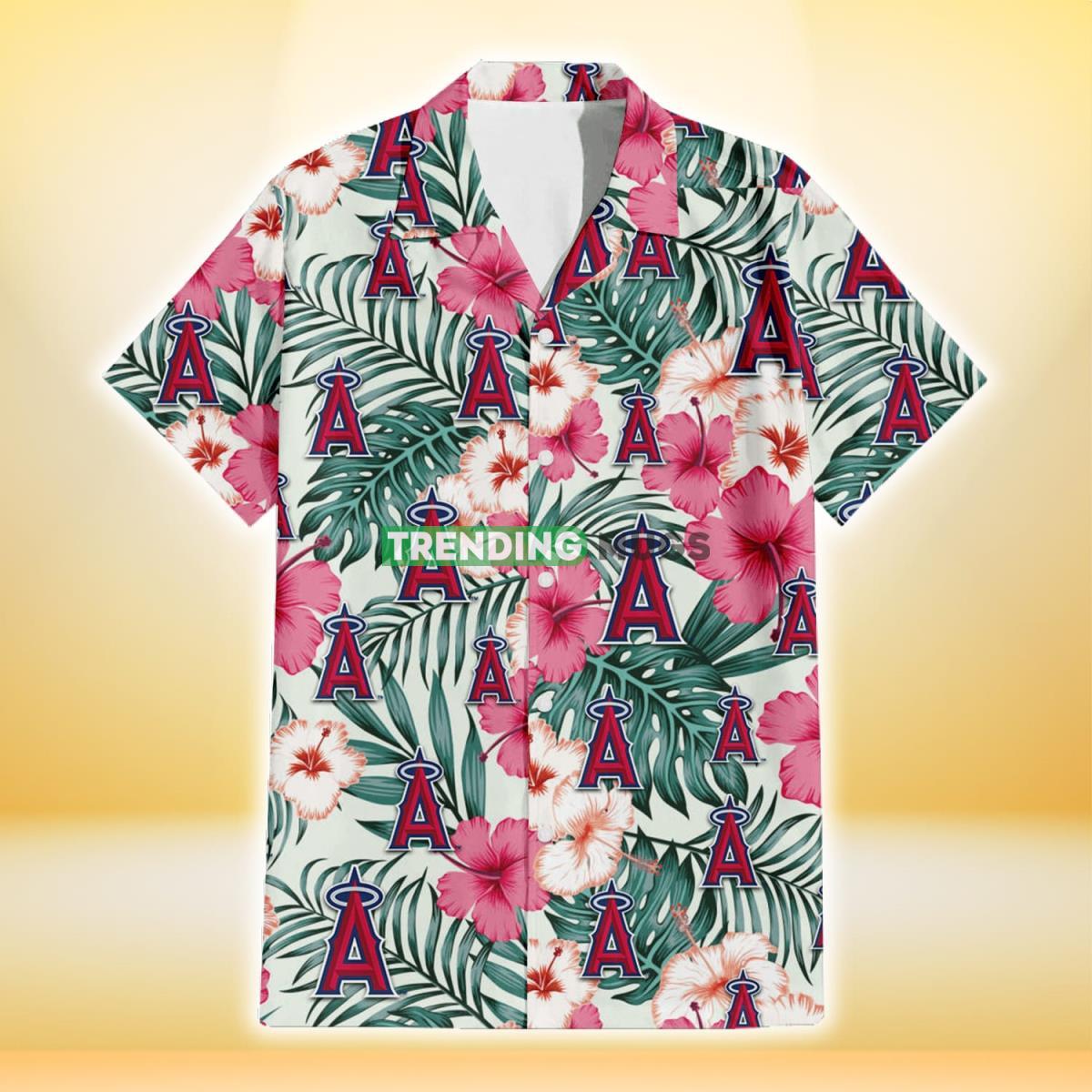 Los Angeles Angels Coral Pink Hibiscus Green Leaf Beige Background 3D Hawaiian Shirt Hawaiian Shirt Los Angeles Angels Coral Pink Hibiscus Green Leaf Beige Background 3D Hawaiian Shirt Hawaiian Shirt