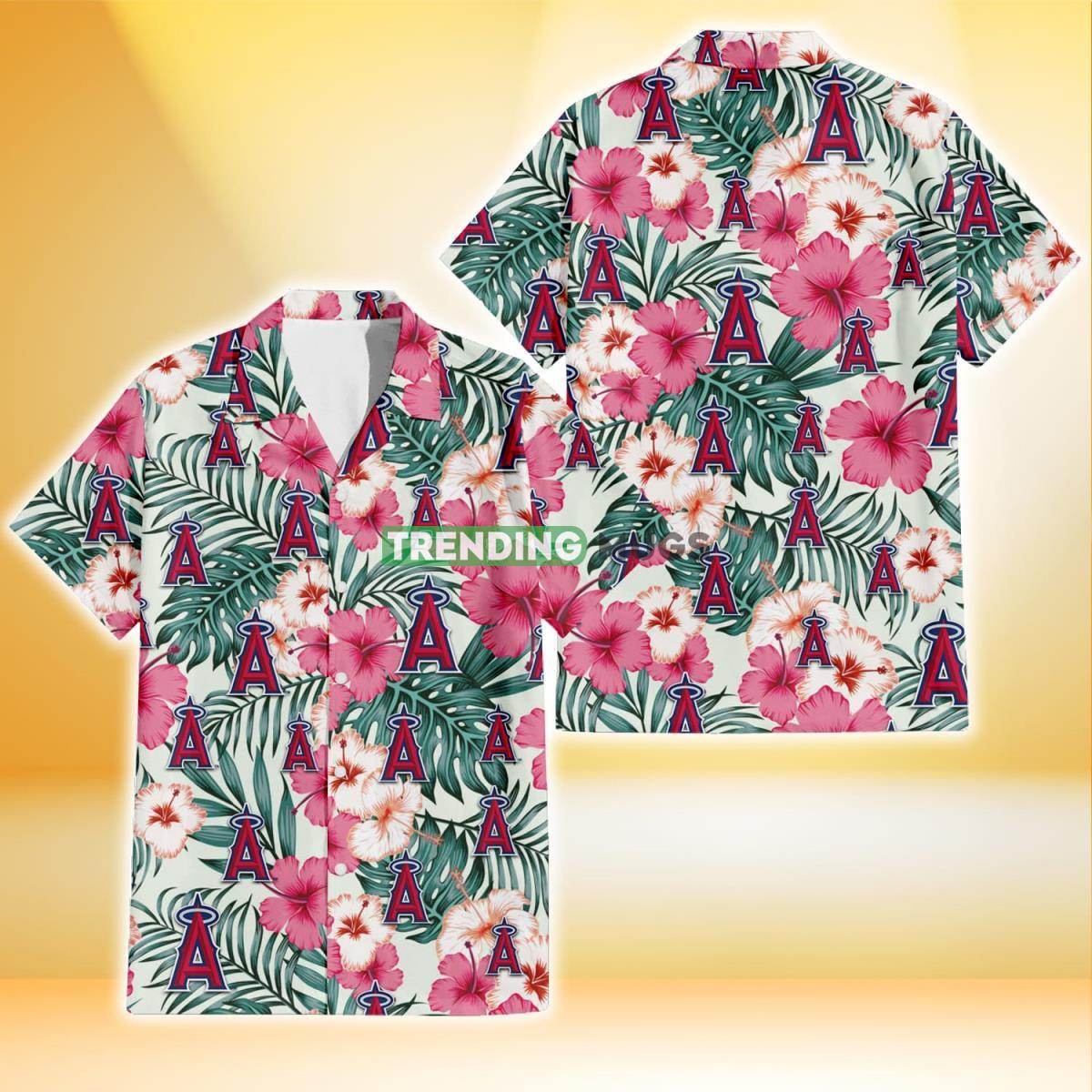 Los Angeles Angels Coral Pink Hibiscus Green Leaf Beige Background 3D Hawaiian Shirt Product Photo 1