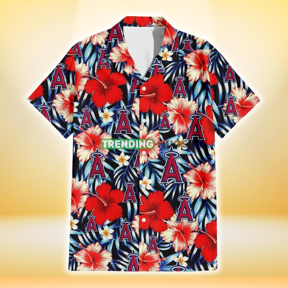 Los Angeles Angels Coral Red Hibiscus Blue Palm Leaf Black Background 3D Hawaiian Shirt Hawaiian Shirt Los Angeles Angels Coral Red Hibiscus Blue Palm Leaf Black Background 3D Hawaiian Shirt Hawaiian Shirt