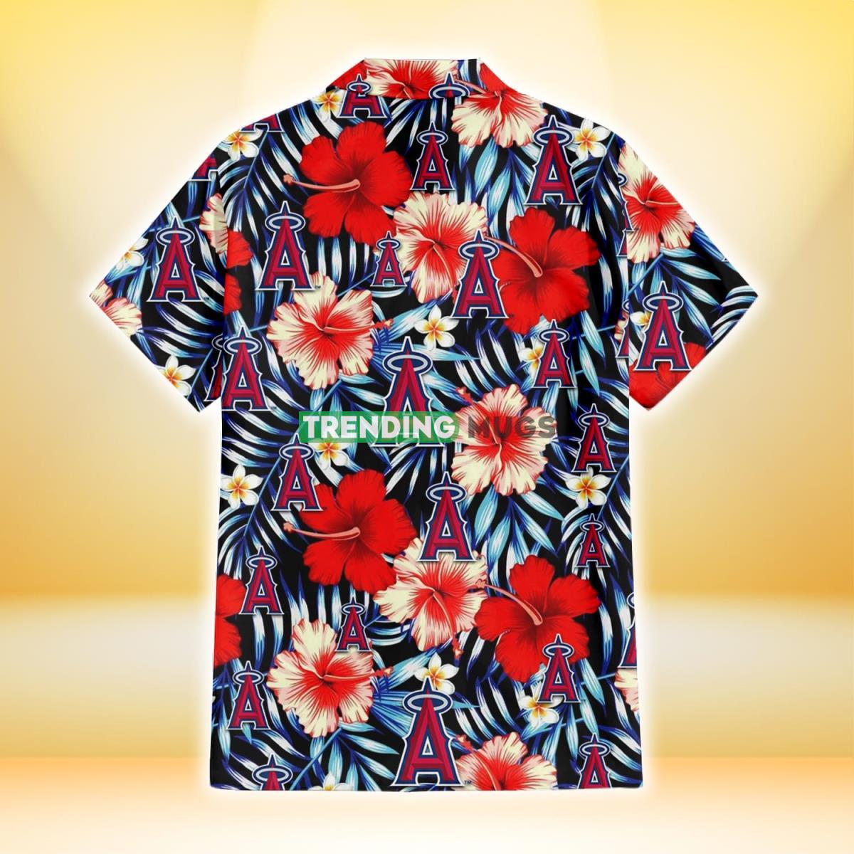 Los Angeles Angels Coral Red Hibiscus Blue Palm Leaf Black Background 3D Hawaiian Shirt Hawaiian Shirt Los Angeles Angels Coral Red Hibiscus Blue Palm Leaf Black Background 3D Hawaiian Shirt Hawaiian Shirt