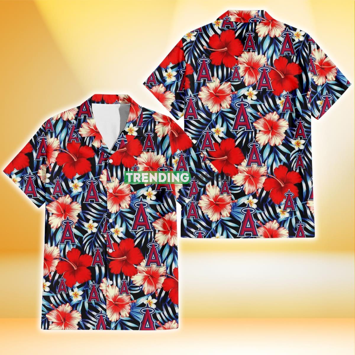 Los Angeles Angels Coral Red Hibiscus Blue Palm Leaf Black Background 3D Hawaiian Shirt Product Photo 1