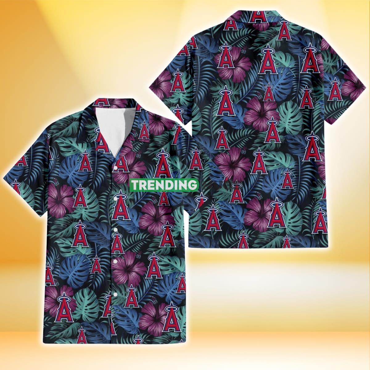 Los Angeles Angels Dark Magenta Green Leaf Black Background 3D Hawaiian Shirt Product Photo 1