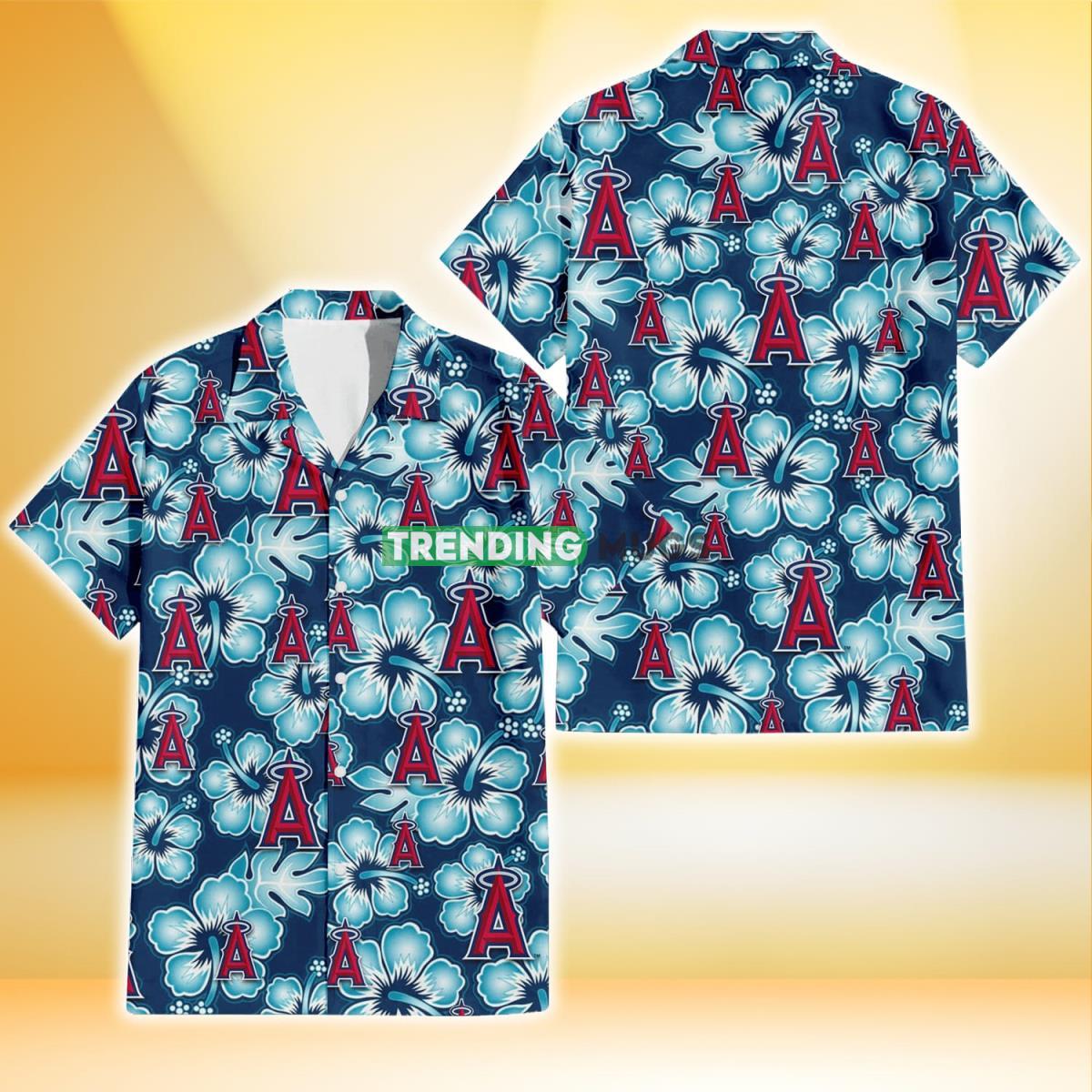 Los Angeles Angels Dark Turquoise Hibiscus Navy Background 3D Hawaiian Shirt Product Photo 1 Los Angeles Angels Dark Turquoise Hibiscus Navy Background 3D Hawaiian Shirt Product Photo 1