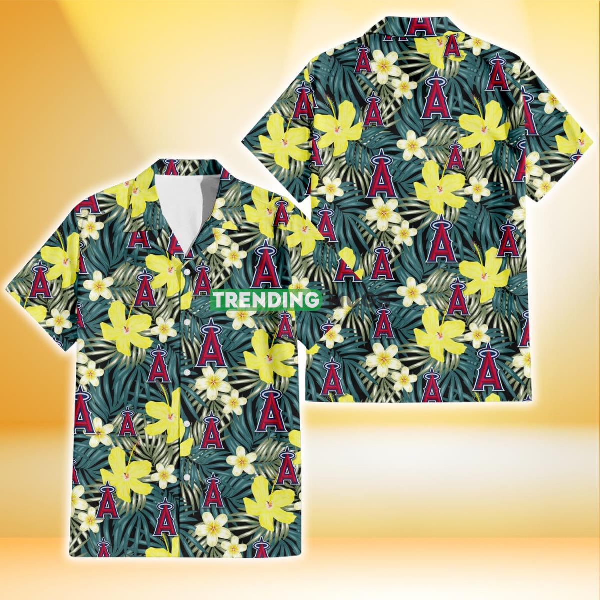 Los Angeles Angels Hibiscus Green Palm Leaf Black Background 3D Hawaiian Shirt Product Photo 1