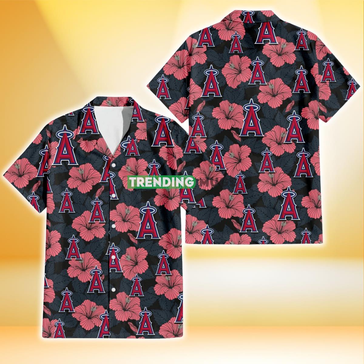 Los Angeles Angels Light Coral Hibiscus Gray Leaf Black Background 3D Hawaiian Shirt Product Photo 1 Los Angeles Angels Light Coral Hibiscus Gray Leaf Black Background 3D Hawaiian Shirt Product Photo 1
