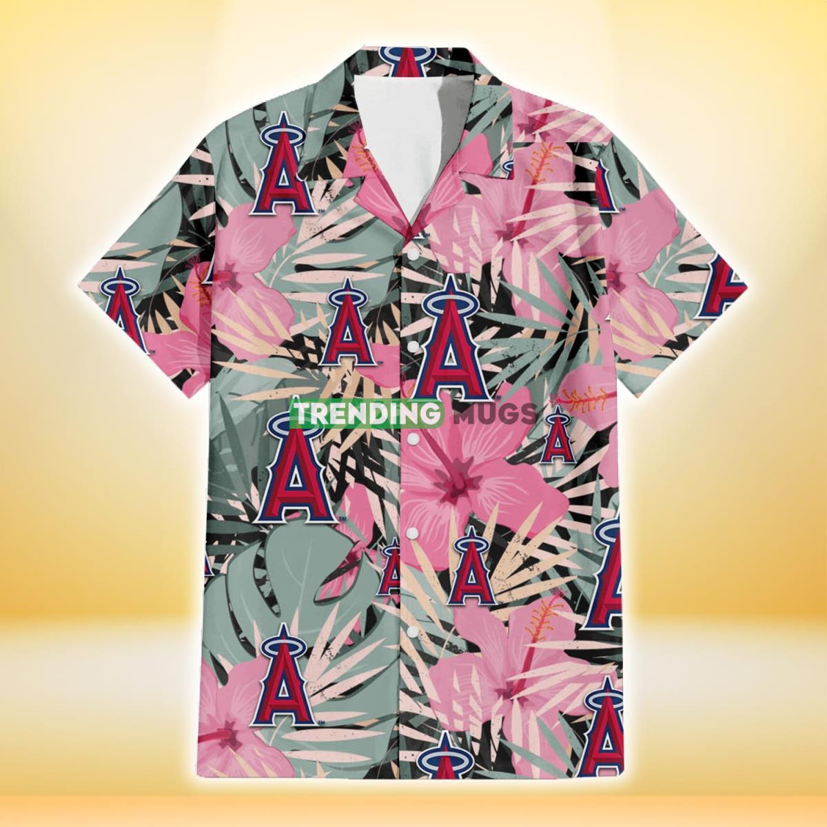Los Angeles Angels Light Pink Hibiscus Pale Green Leaf Black Background 3D Hawaiian Shirt Hawaiian Shirt Los Angeles Angels Light Pink Hibiscus Pale Green Leaf Black Background 3D Hawaiian Shirt Hawaiian Shirt