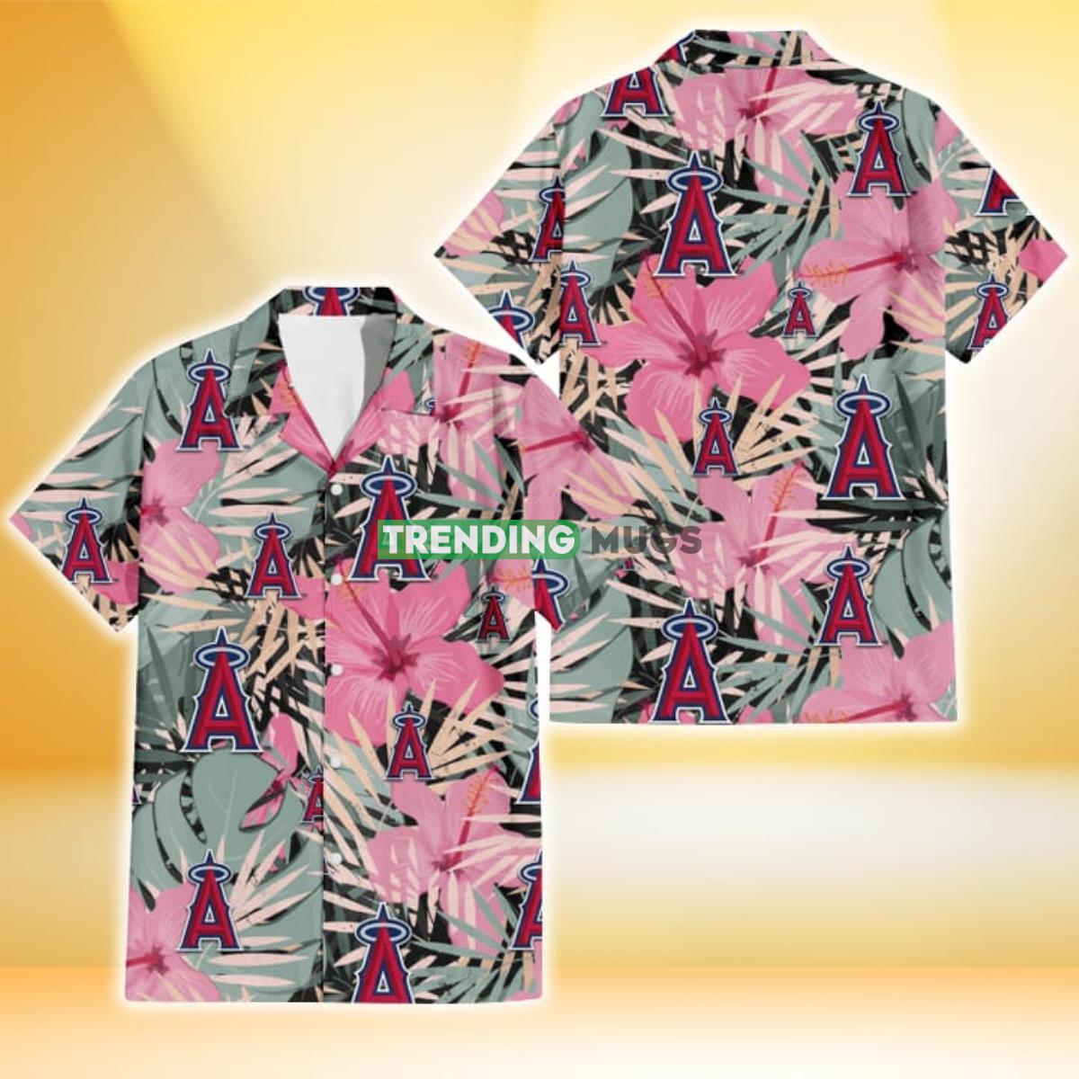 Los Angeles Angels Light Pink Hibiscus Pale Green Leaf Black Background 3D Hawaiian Shirt Product Photo 1 Los Angeles Angels Light Pink Hibiscus Pale Green Leaf Black Background 3D Hawaiian Shirt Product Photo 1