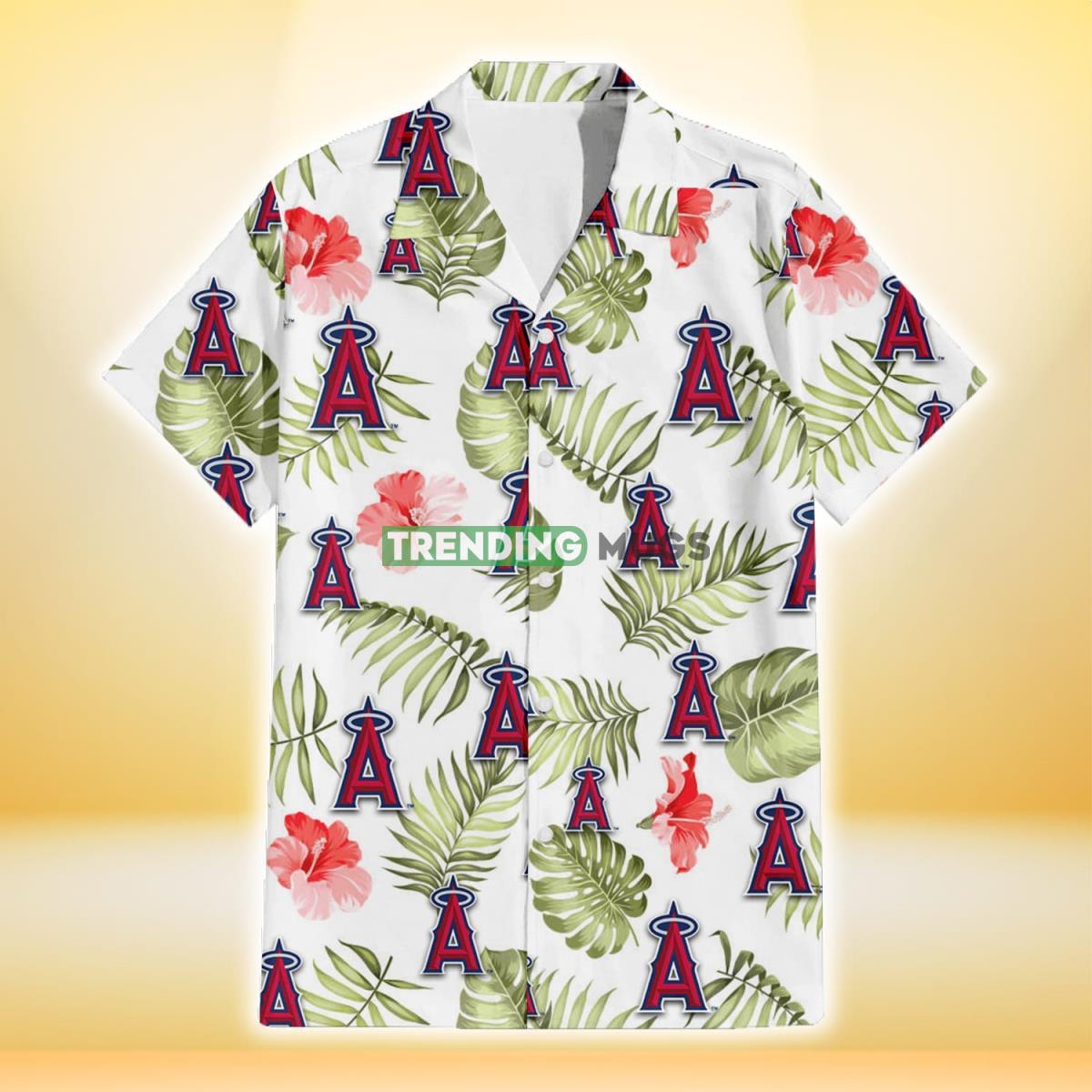 Los Angeles Angels Light Salmon Hibiscus Green Leaf White Background 3D Hawaiian Shirt Hawaiian Shirt Los Angeles Angels Light Salmon Hibiscus Green Leaf White Background 3D Hawaiian Shirt Hawaiian Shirt