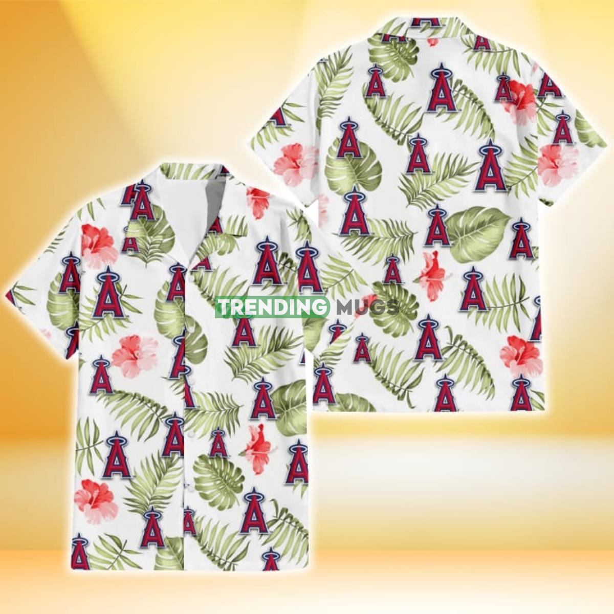 Los Angeles Angels Light Salmon Hibiscus Green Leaf White Background 3D Hawaiian Shirt Product Photo 1 Los Angeles Angels Light Salmon Hibiscus Green Leaf White Background 3D Hawaiian Shirt Product Photo 1