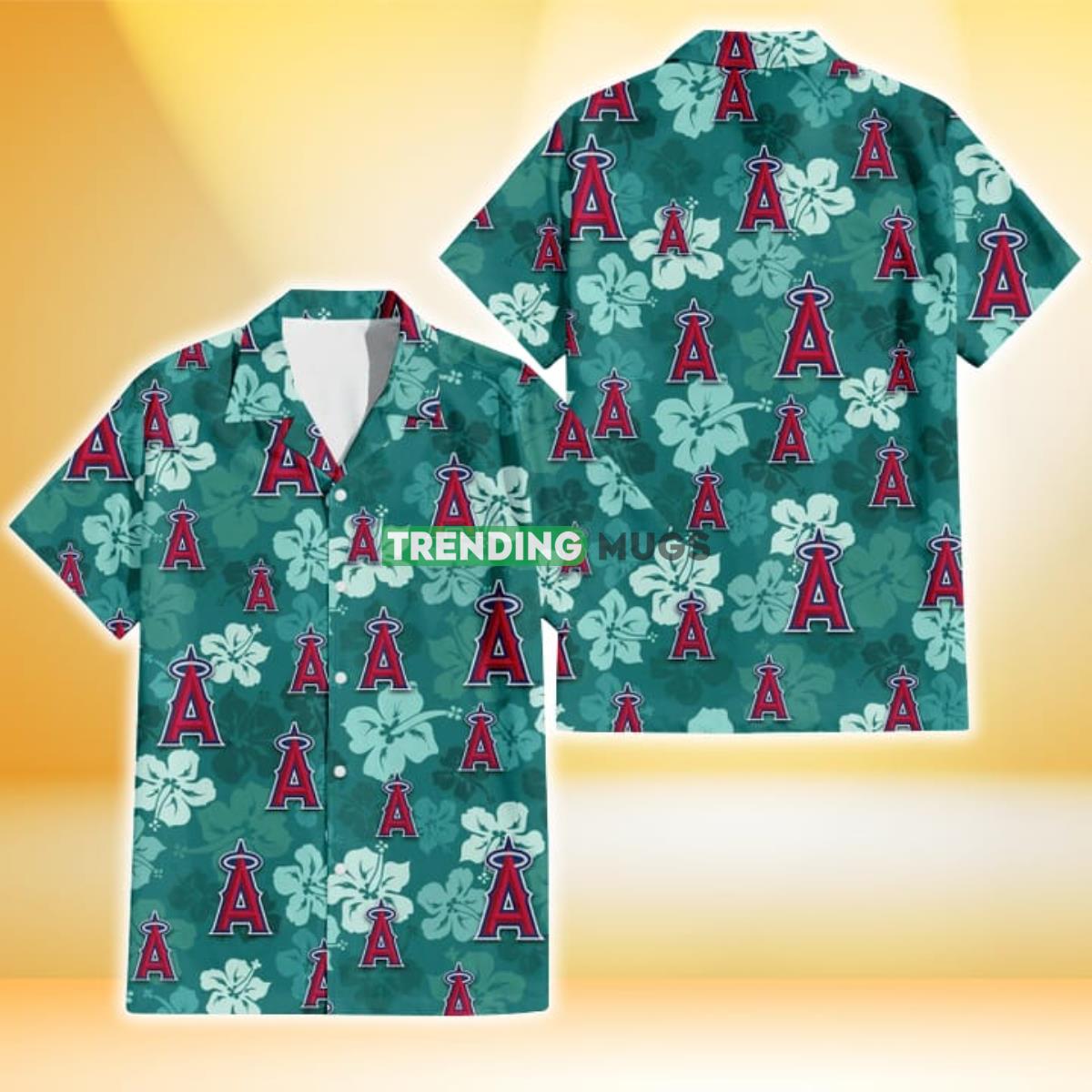 Los Angeles Angels Light Sea Green Hibiscus Green Background 3D Hawaiian Shirt Product Photo 1 Los Angeles Angels Light Sea Green Hibiscus Green Background 3D Hawaiian Shirt Product Photo 1