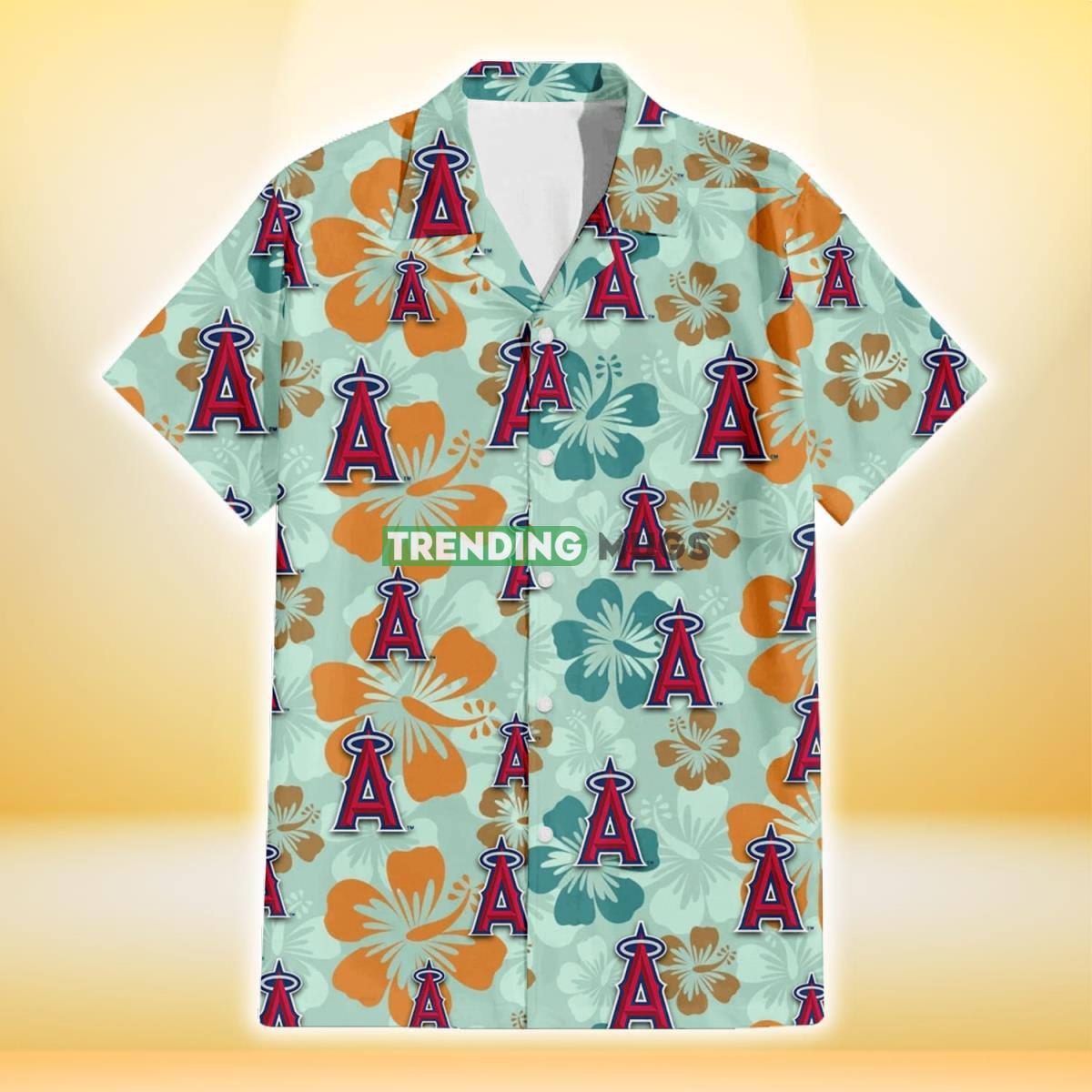 Los Angeles Angels Orange Green Hibiscus Pale Green Background 3D Hawaiian Shirt Hawaiian Shirt Los Angeles Angels Orange Green Hibiscus Pale Green Background 3D Hawaiian Shirt Hawaiian Shirt