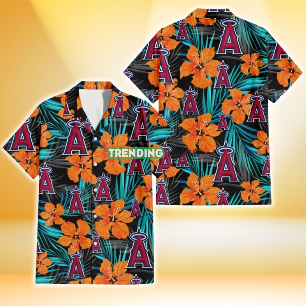 Los Angeles Angels Orange Hibiscus Blue Gray Leaf Black Background 3D Hawaiian Shirt Product Photo 1