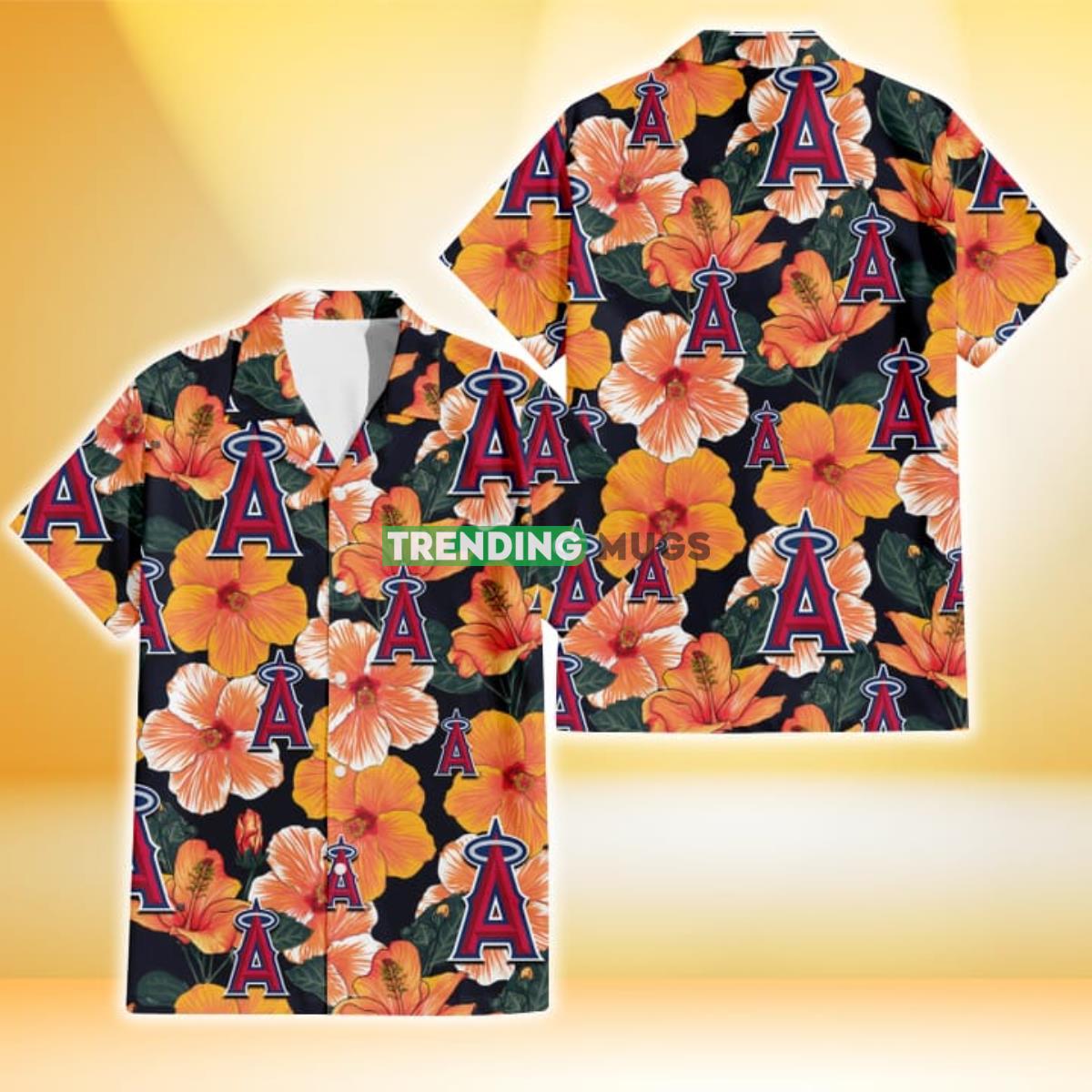 Los Angeles Angels Orange Hibiscus Dark Green Leaf Black Background 3D Hawaiian Shirt Product Photo 1