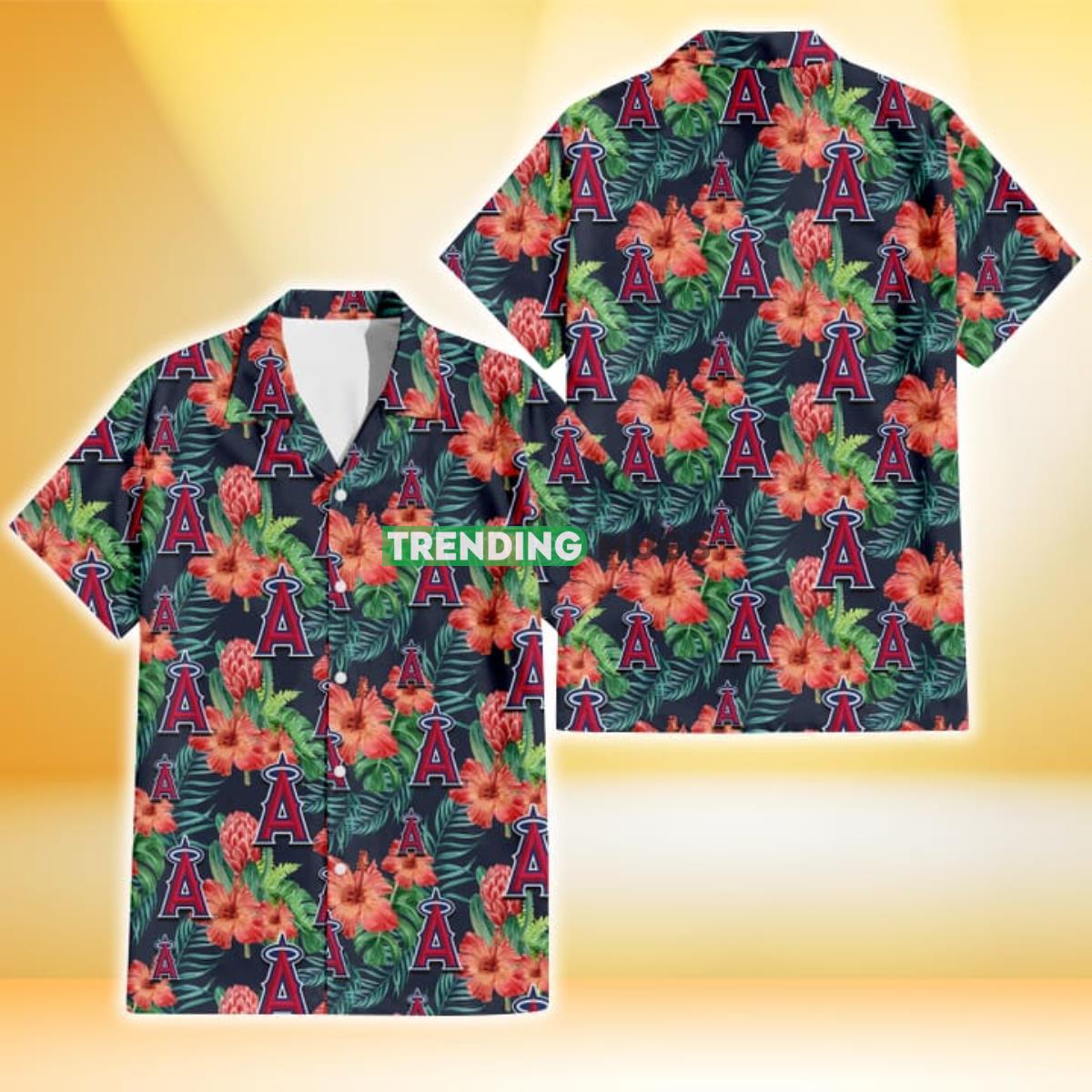 Los Angeles Angels Orange Hibiscus Green Tropical Leaf Dark Background 3D Hawaiian Shirt Product Photo 1