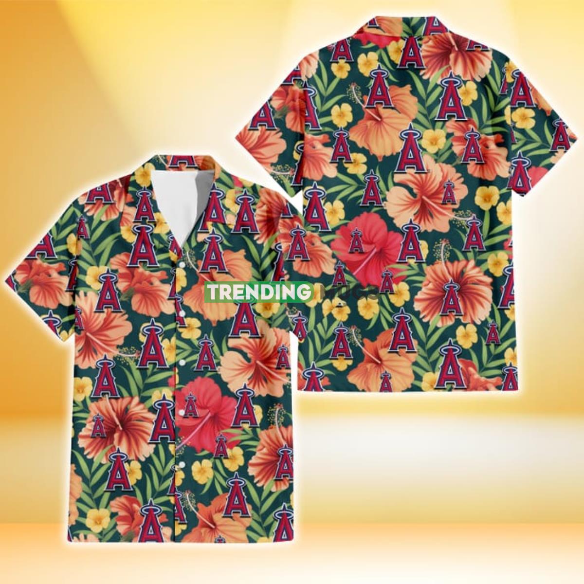 Los Angeles Angels Orange Red Hibiscus Green Leaf Dark Background 3D Hawaiian Shirt Product Photo 1