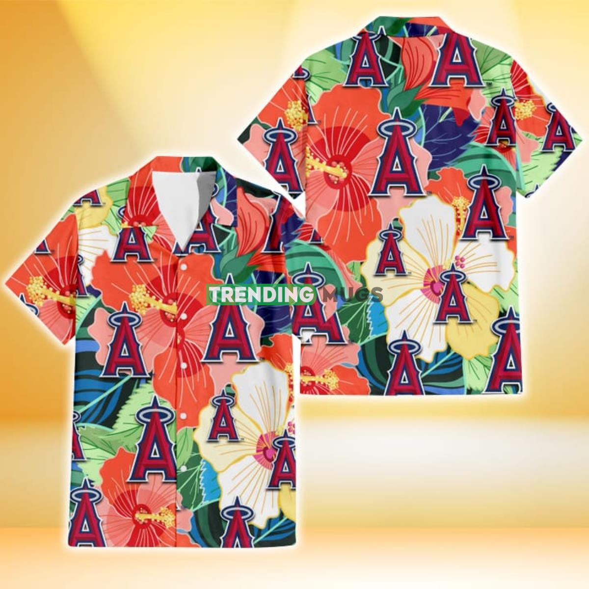 Los Angeles Angels Orange White Tropical Hibiscus Green Leaf 3D Hawaiian Shirt Product Photo 1
