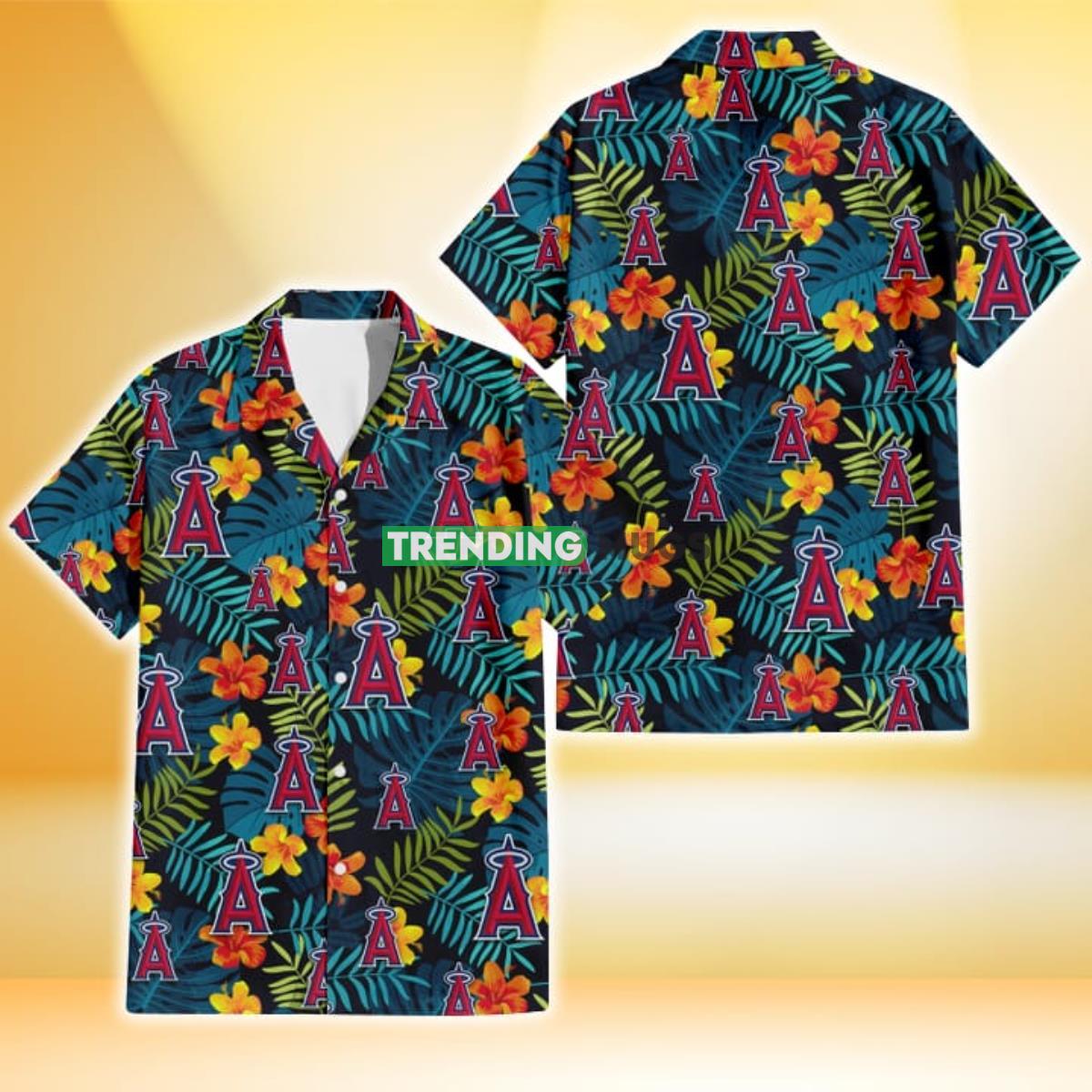 Los Angeles Angels Orange Yellow Green Leaf Black Background 3D Hawaiian Shirt Product Photo 1