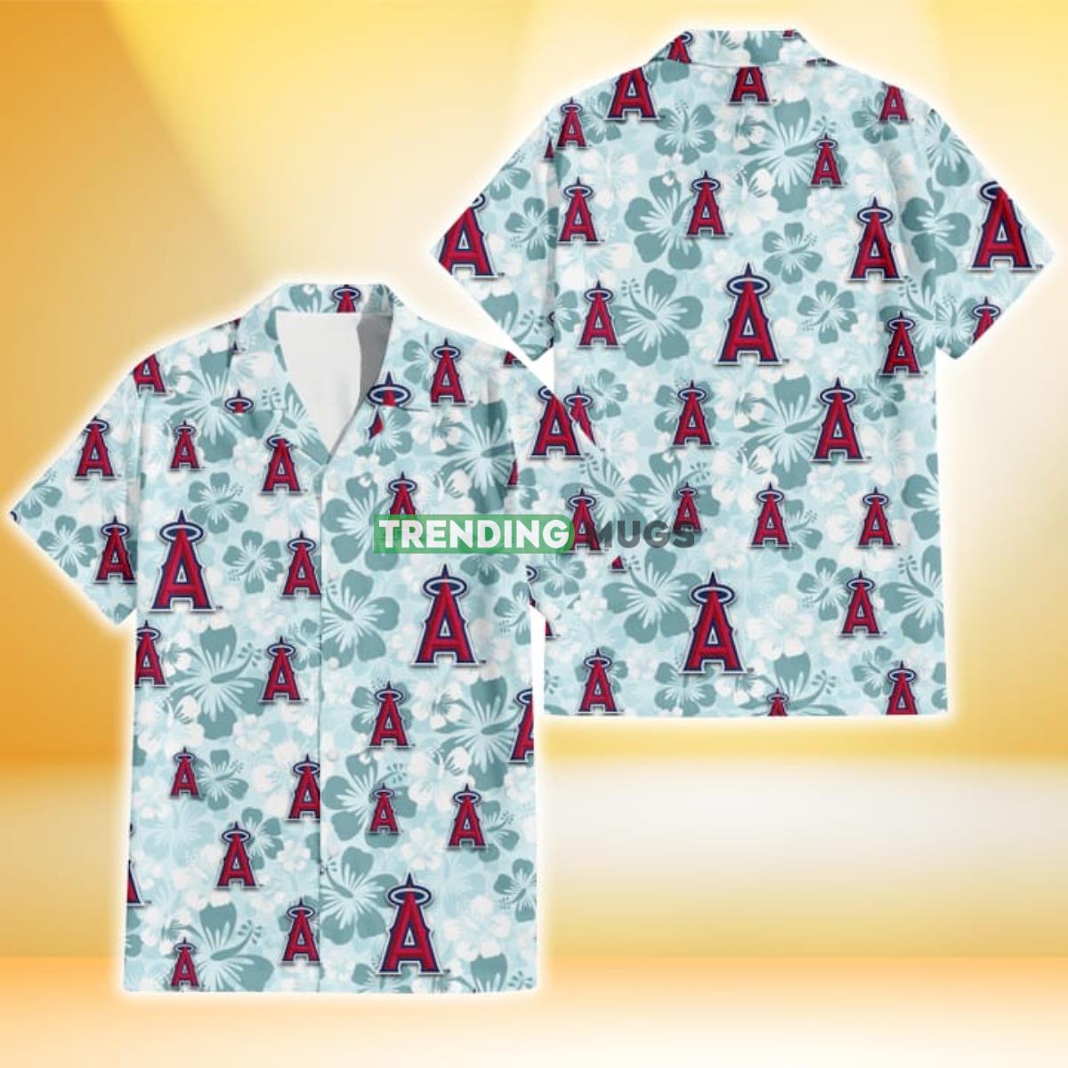 Los Angeles Angels Pale Turquoise Hibiscus Light Cyan Background 3D Hawaiian Shirt Product Photo 1