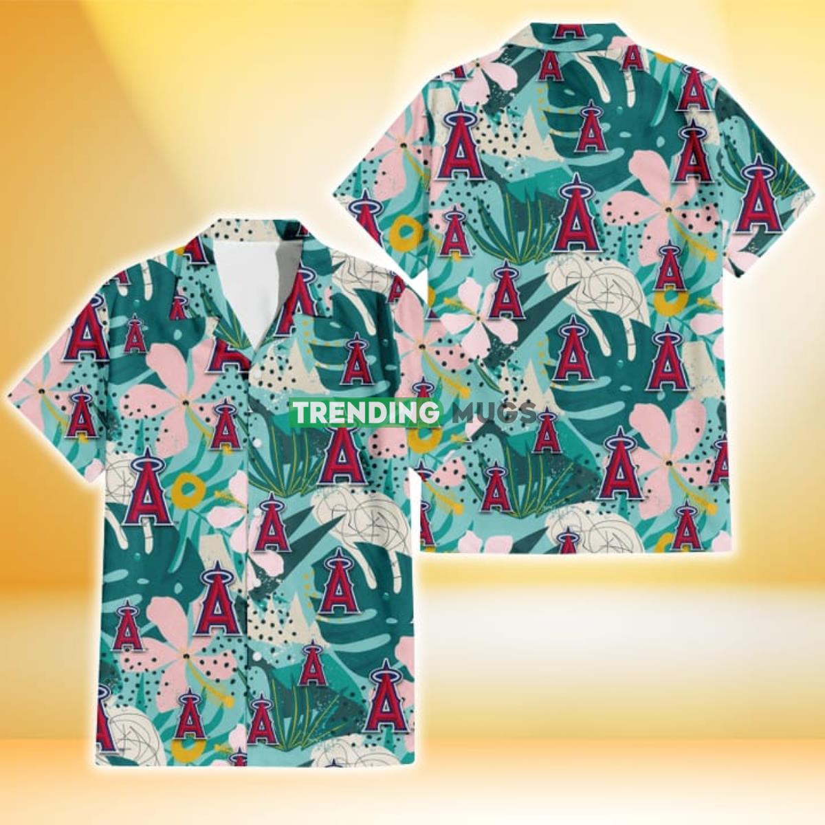 Los Angeles Angels Pastel Hibiscus Palm Leaf Tiny Dot Green Background 3D Hawaiian Shirt Product Photo 1