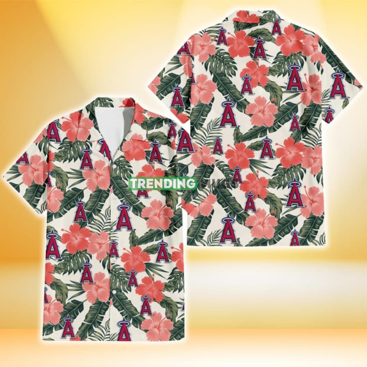 Los Angeles Angels Pink Coral Hibiscus Banana Leaf Beige Background 3D Hawaiian Shirt Product Photo 1 Los Angeles Angels Pink Coral Hibiscus Banana Leaf Beige Background 3D Hawaiian Shirt Product Photo 1