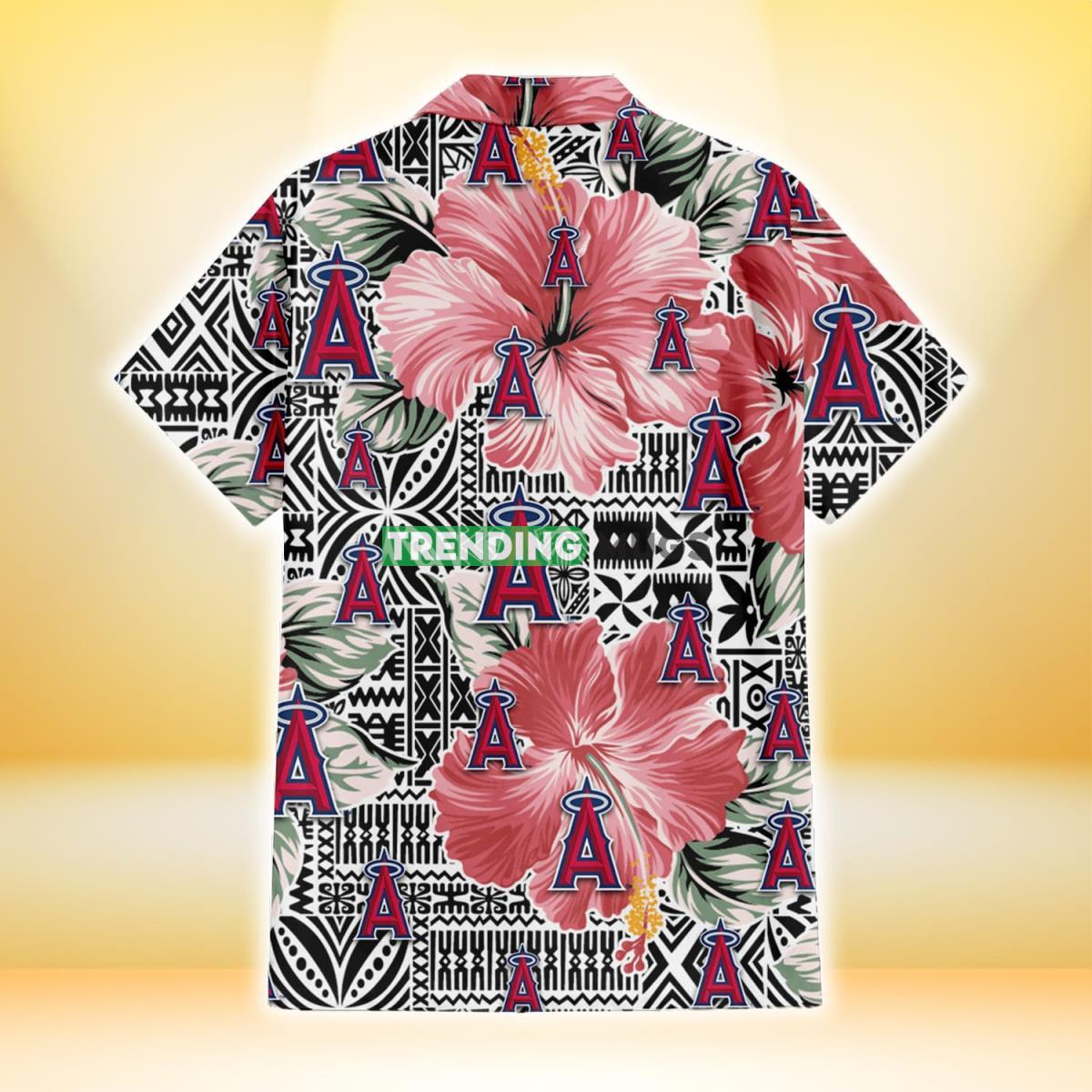 Los Angeles Angels Pink Hibiscus Black Pattern White Background 3D Hawaiian Shirt Hawaiian Shirt Los Angeles Angels Pink Hibiscus Black Pattern White Background 3D Hawaiian Shirt Hawaiian Shirt