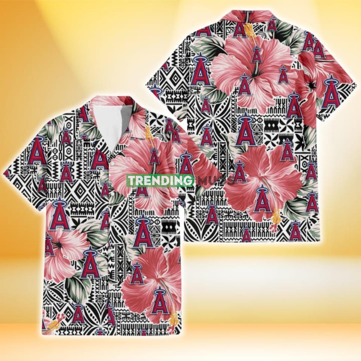 Los Angeles Angels Pink Hibiscus Black Pattern White Background 3D Hawaiian Shirt Product Photo 1