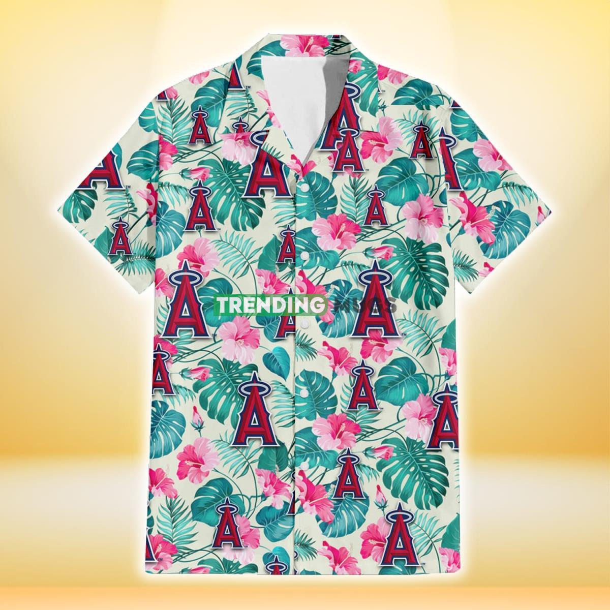 Los Angeles Angels Pink Hibiscus Green Leaf Beige Background 3D Hawaiian Shirt Hawaiian Shirt Los Angeles Angels Pink Hibiscus Green Leaf Beige Background 3D Hawaiian Shirt Hawaiian Shirt