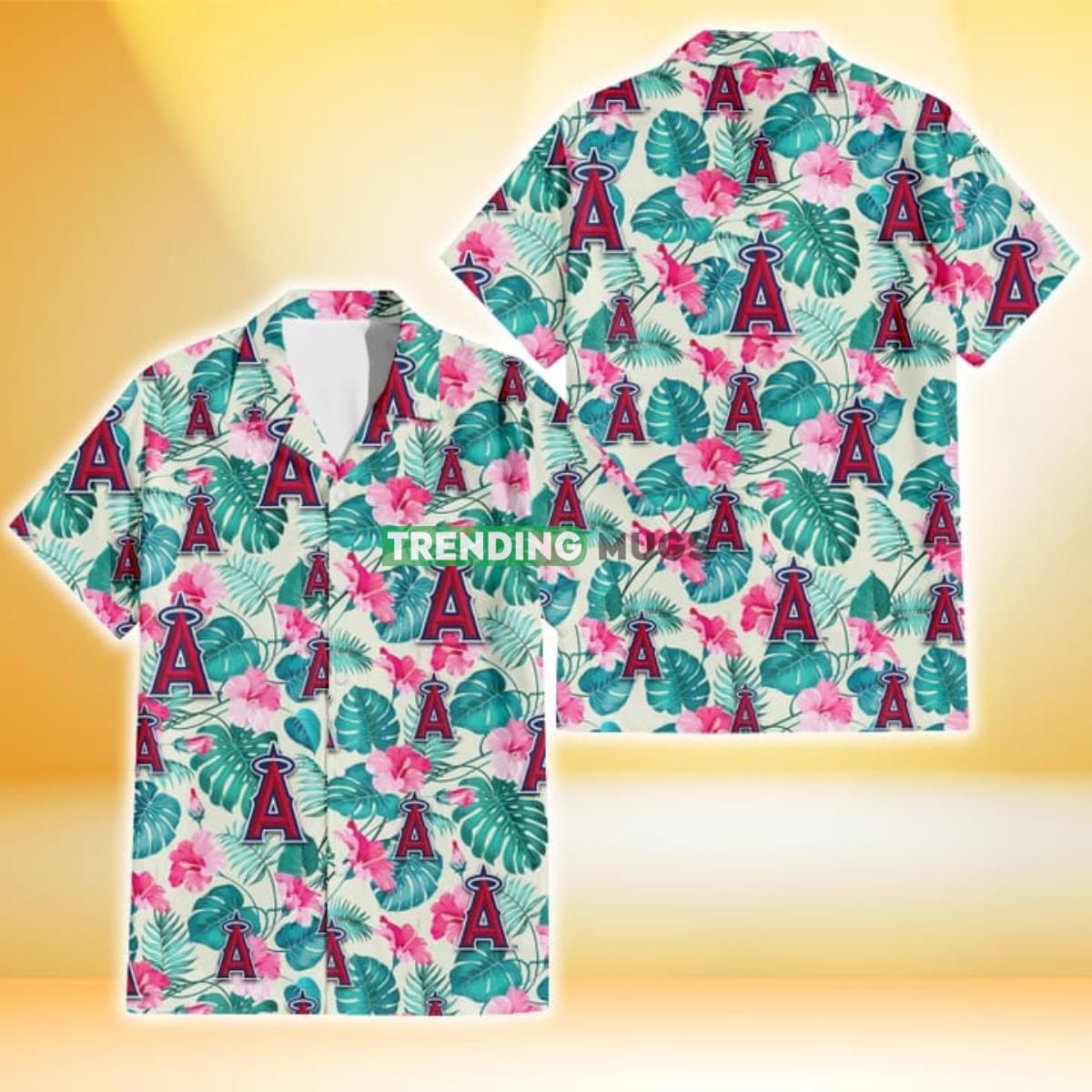 Los Angeles Angels Pink Hibiscus Green Leaf Beige Background 3D Hawaiian Shirt Product Photo 1 Los Angeles Angels Pink Hibiscus Green Leaf Beige Background 3D Hawaiian Shirt Product Photo 1