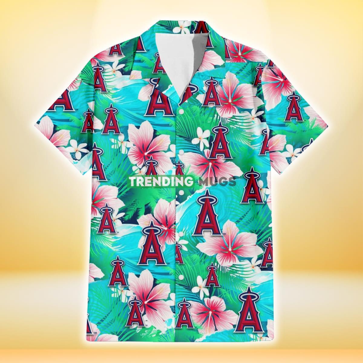 Los Angeles Angels Pink Hibiscus Green Leaf Blue Background 3D Hawaiian Shirt Hawaiian Shirt Los Angeles Angels Pink Hibiscus Green Leaf Blue Background 3D Hawaiian Shirt Hawaiian Shirt
