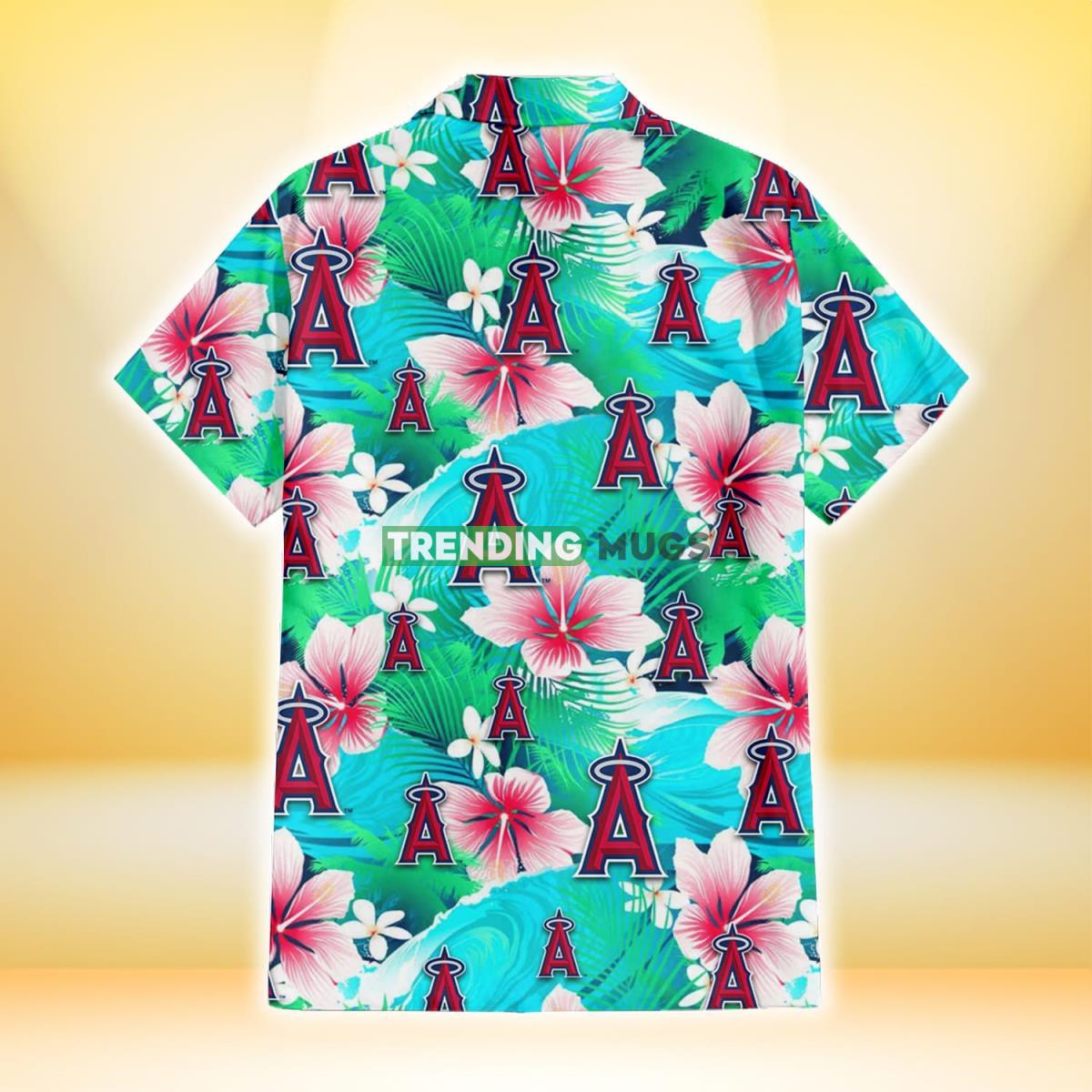 Los Angeles Angels Pink Hibiscus Green Leaf Blue Background 3D Hawaiian Shirt Hawaiian Shirt Los Angeles Angels Pink Hibiscus Green Leaf Blue Background 3D Hawaiian Shirt Hawaiian Shirt