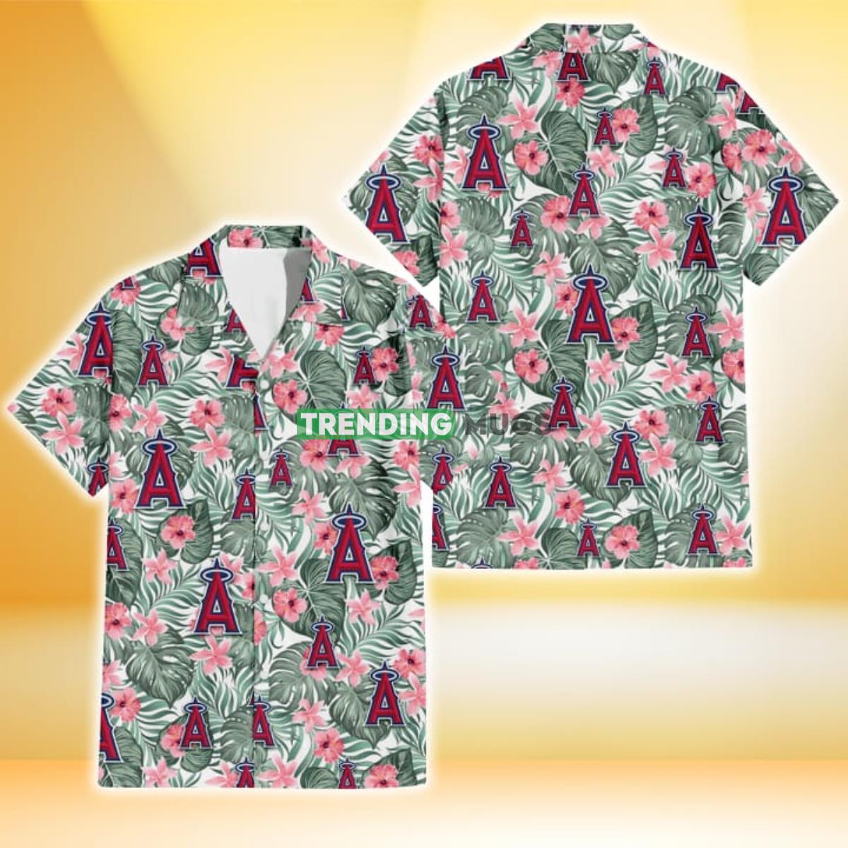 Los Angeles Angels Pink Hibiscus Porcelain Flower Tropical Leaf White Background 3D Hawaiian Shirt Product Photo 1
