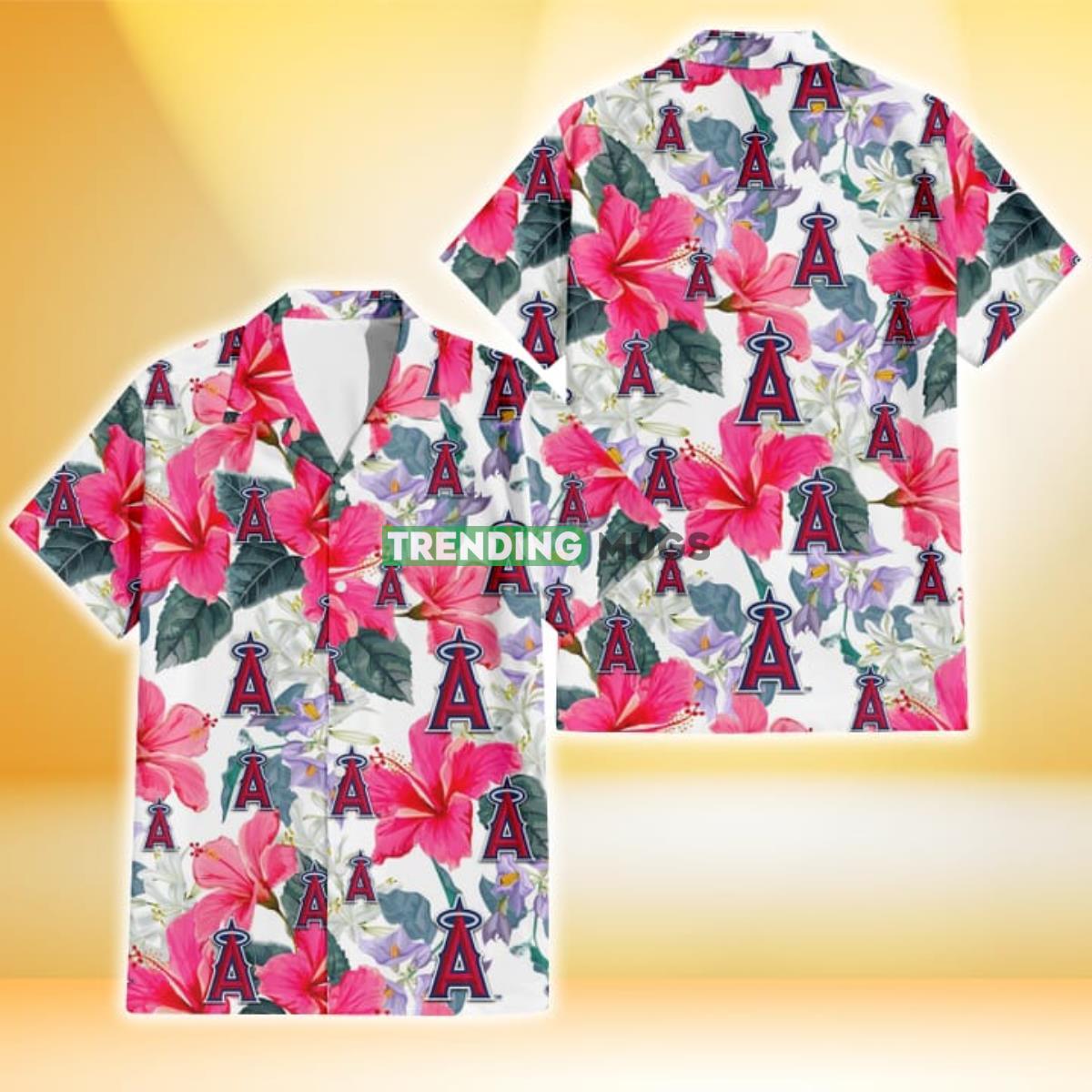 Los Angeles Angels Pink Hibiscus White Orchid White Background 3D Hawaiian Shirt Product Photo 1
