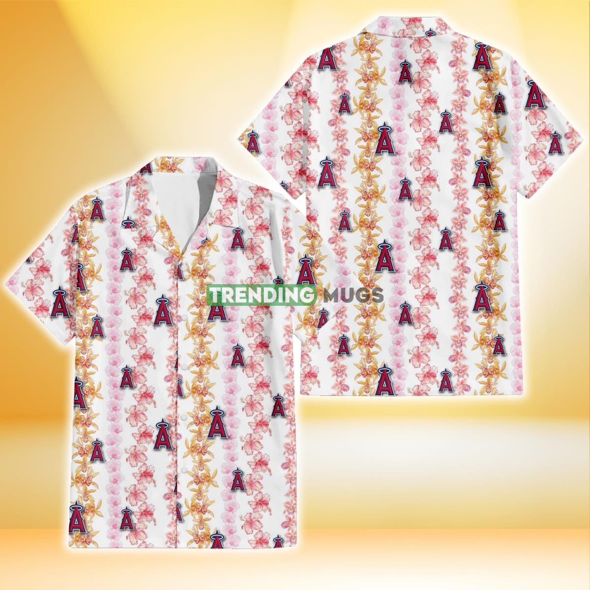 Los Angeles Angels Pink Hibiscus Yellow Pink Orchid White Background 3D Hawaiian Shirt Product Photo 1